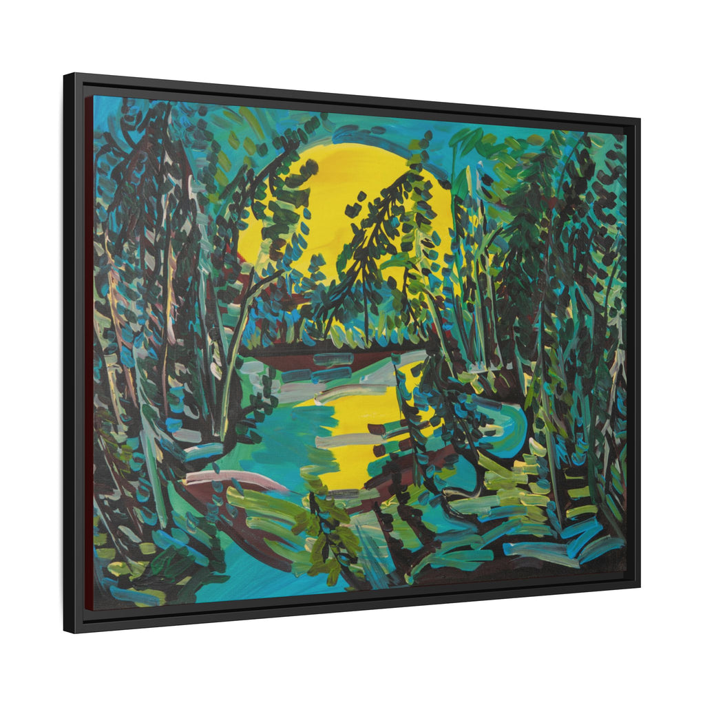Framed Matte Canvas - Vibrant Moonlit Forest Landscape
