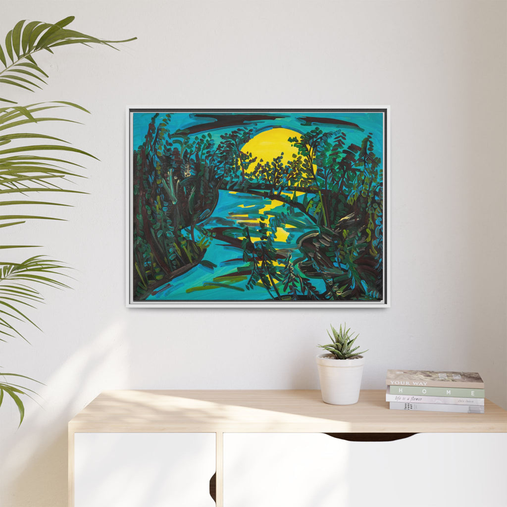 Framed Matte Canvas: Moonlit River Landscape Wall Art — Vibrant Nature Print