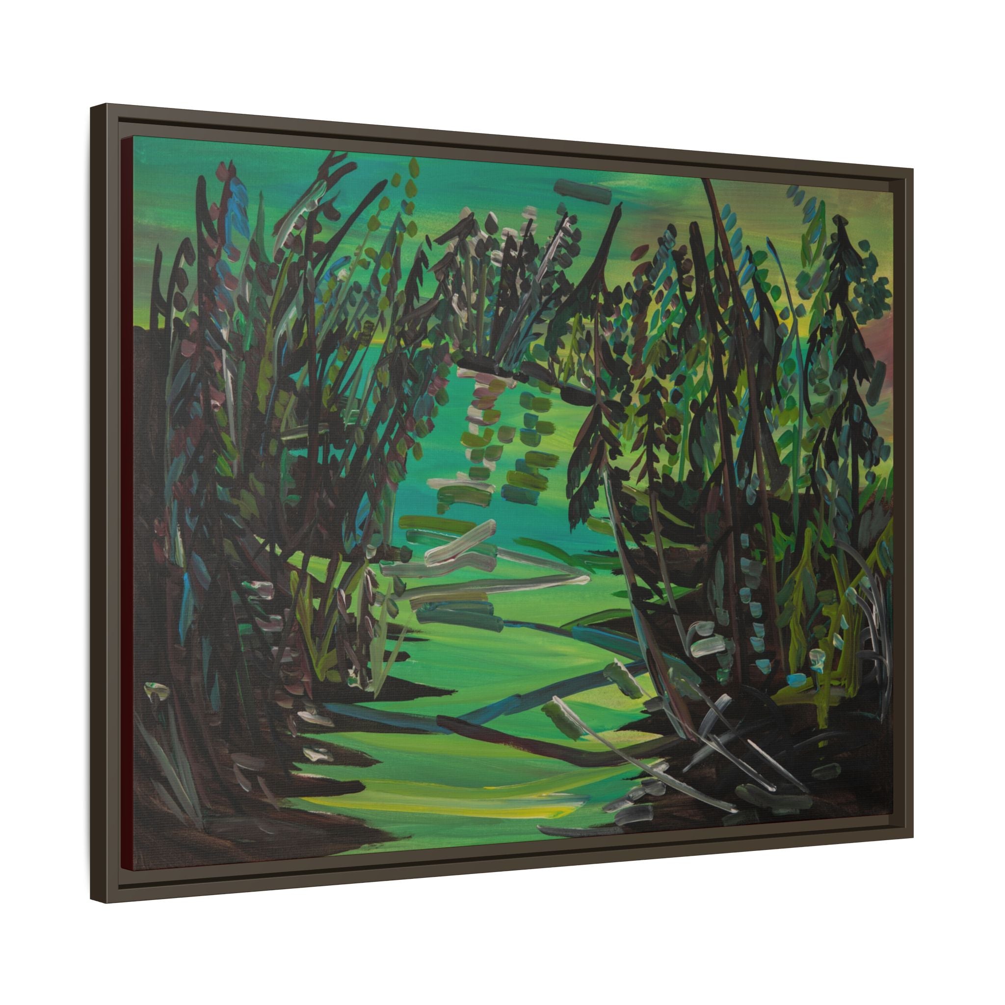 Framed Matte Canvas – Green Woodland Stream Landscape Wall Art