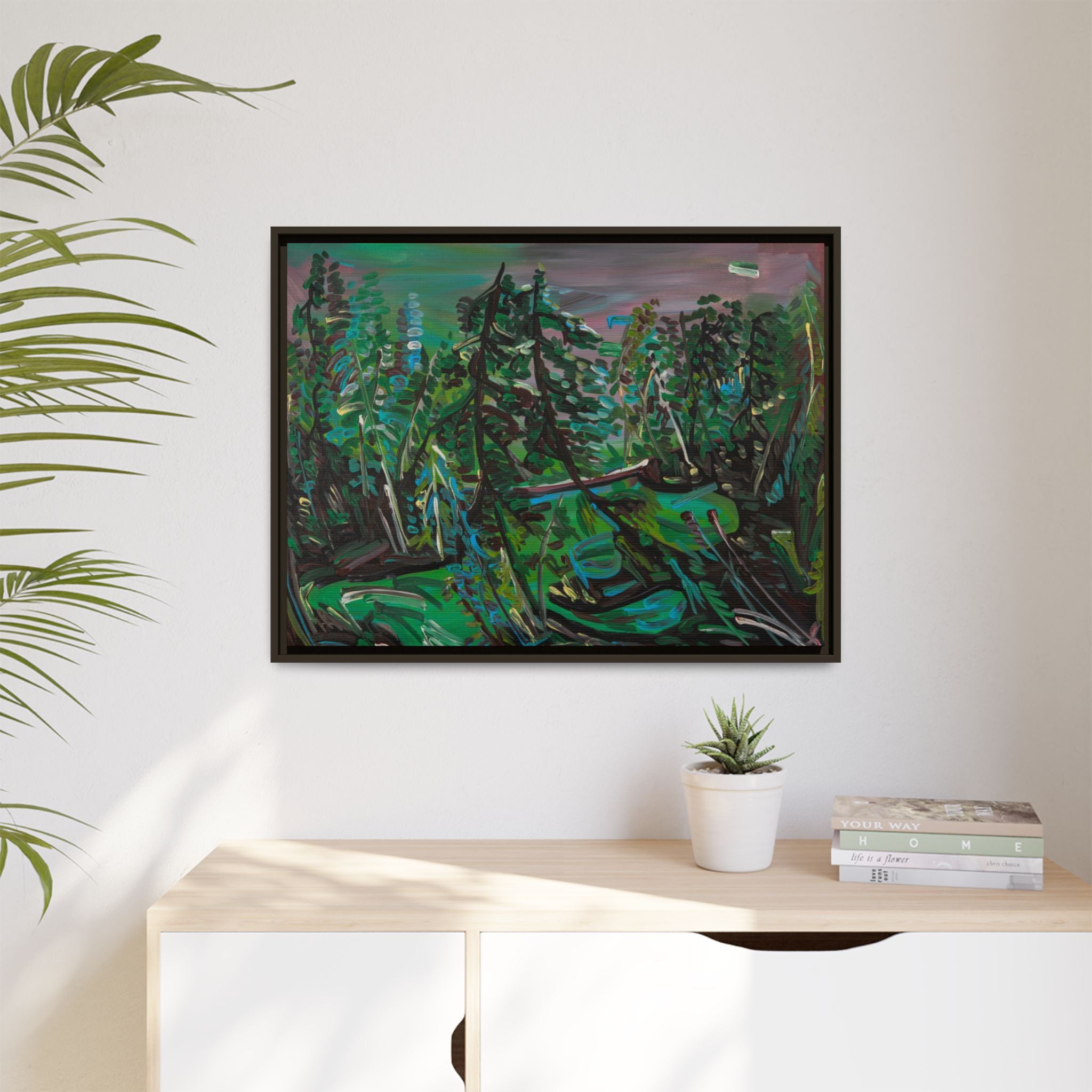 Framed Matte Canvas Print — Abstract Green Forest Landscape