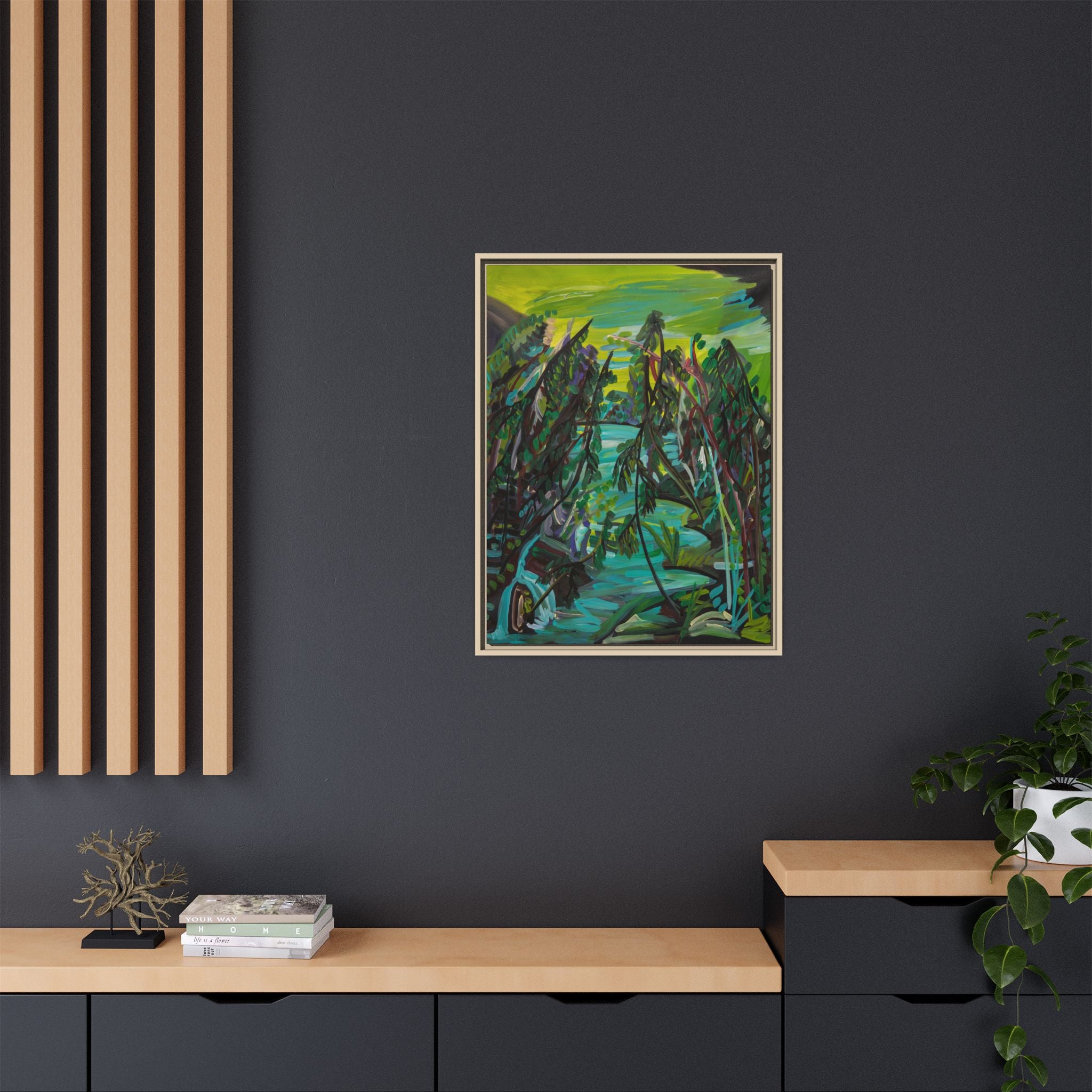 Abstract Green Forest Matte Framed Canvas — Lush Landscape Wall Art