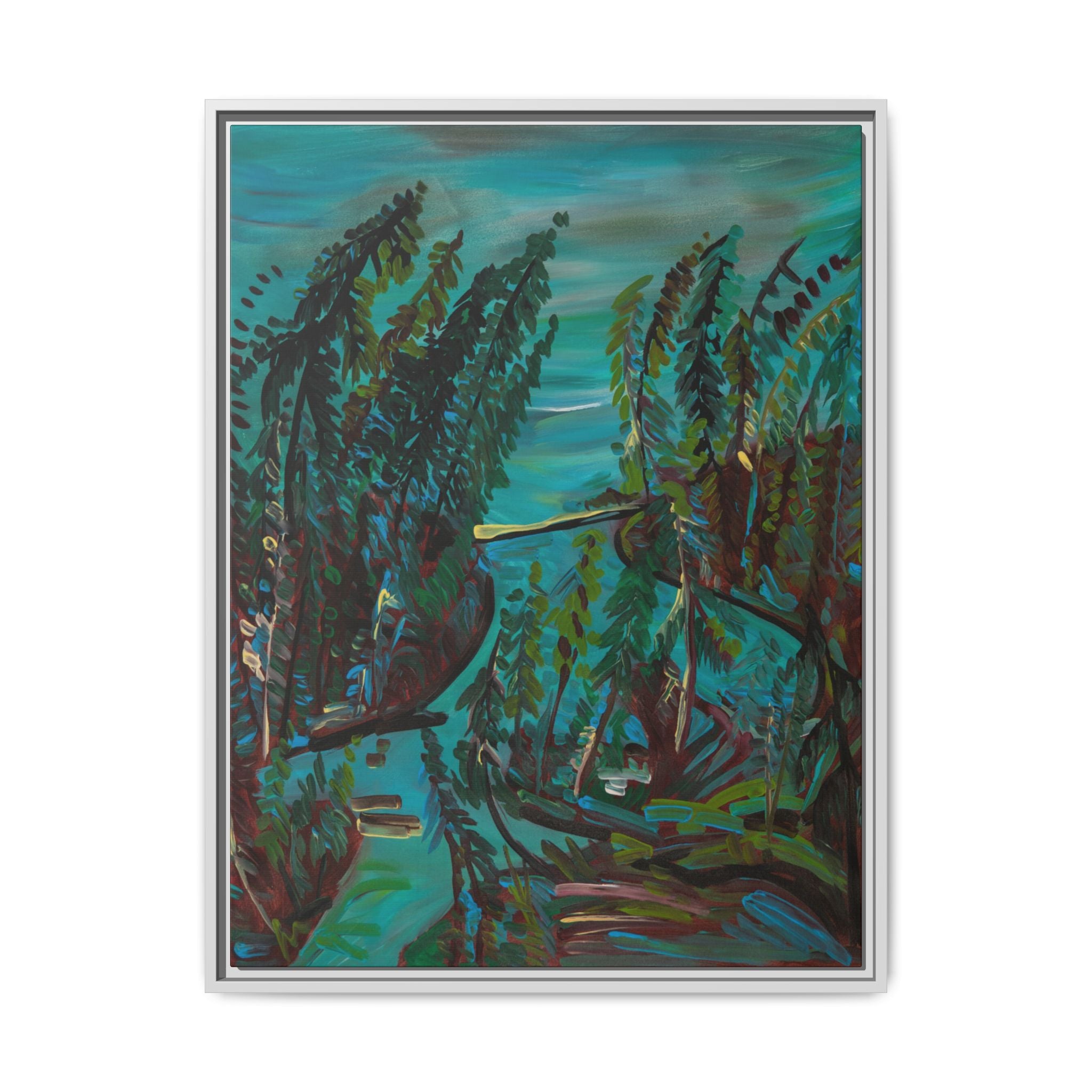 Teal Forest River — Framed Matte Canvas Wall Art