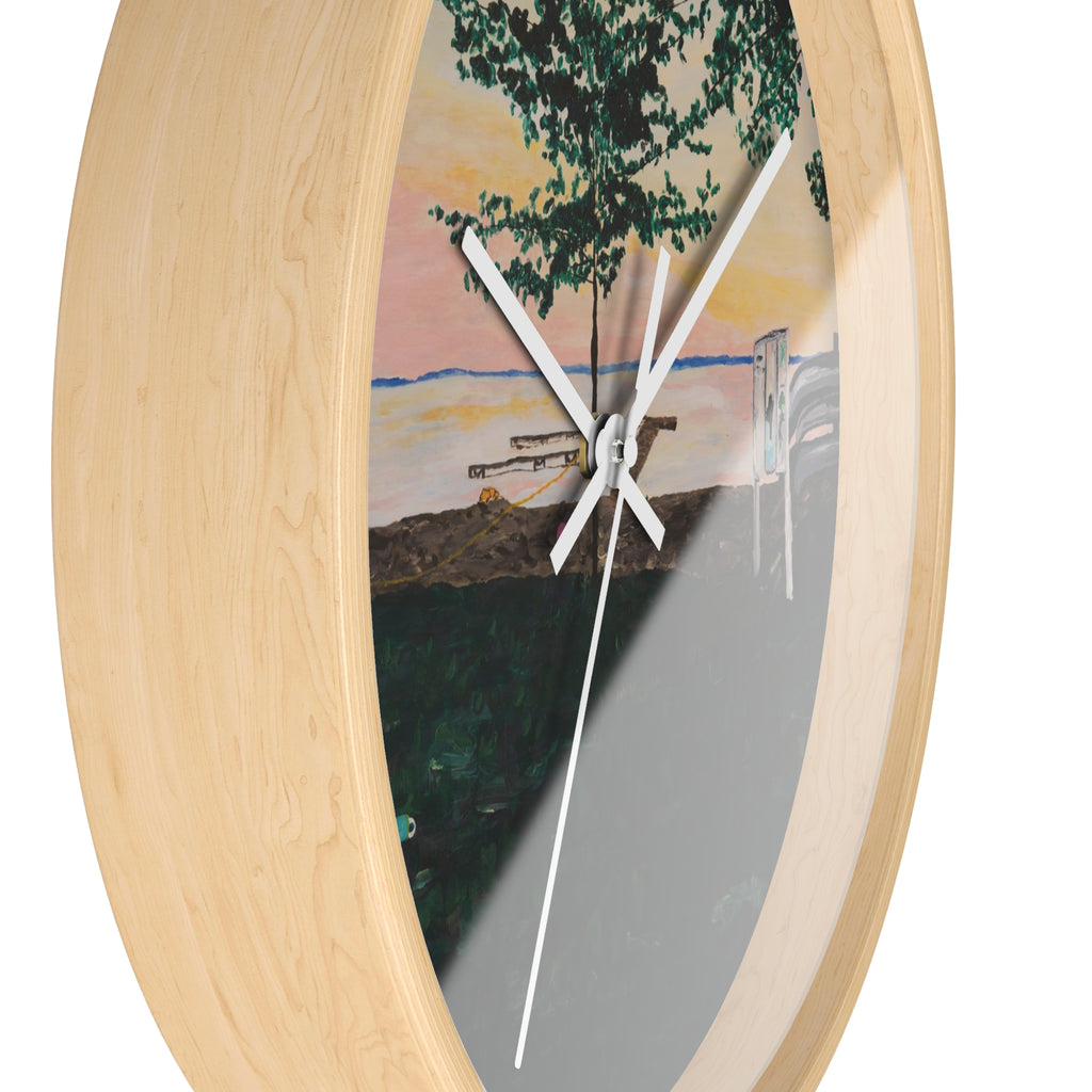 Lake Sunset Landscape Wall Clock | Beach Trees, Picnic Bench, Pastel Sky