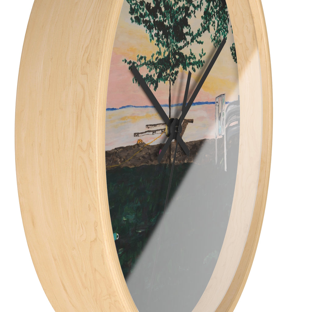 Lake Sunset Landscape Wall Clock | Beach Trees, Picnic Bench, Pastel Sky