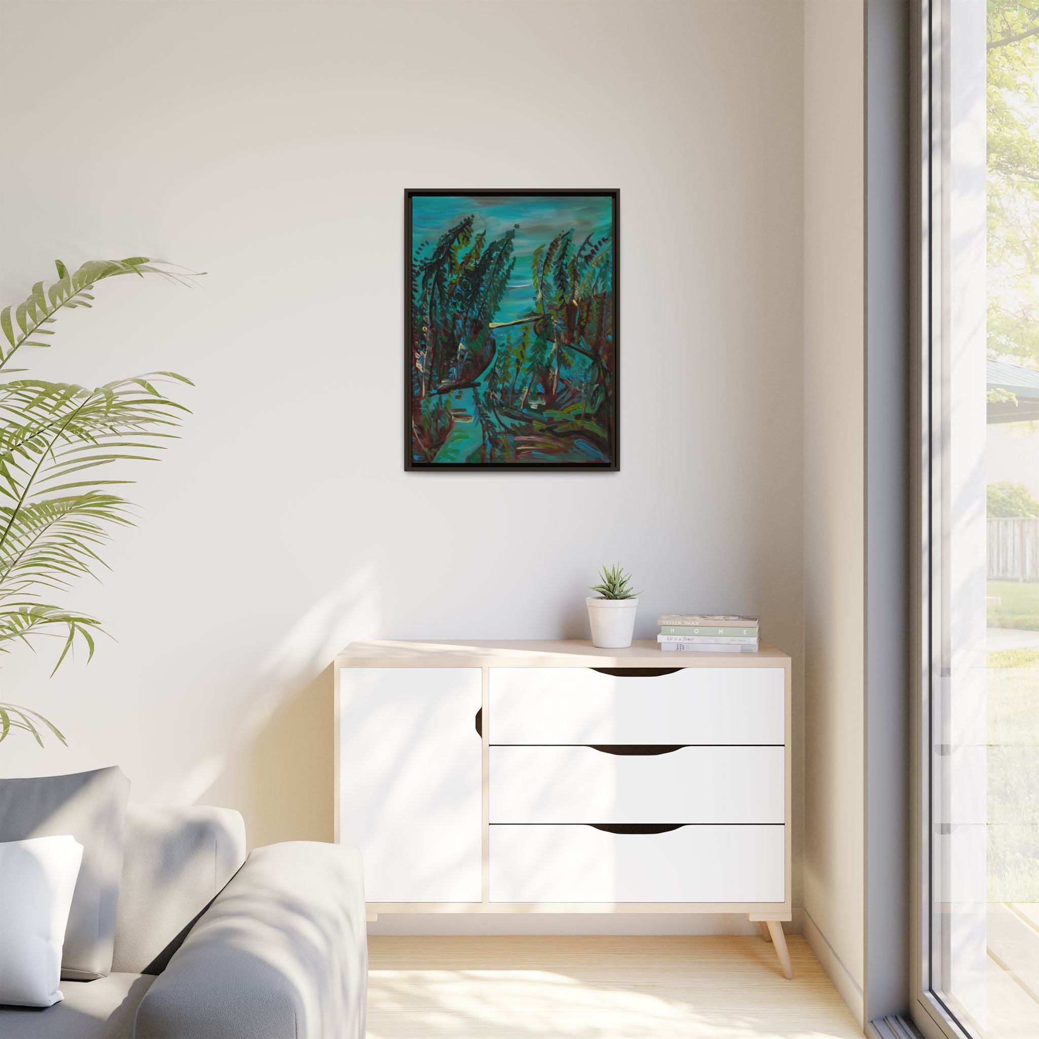 Teal Forest River — Framed Matte Canvas Wall Art