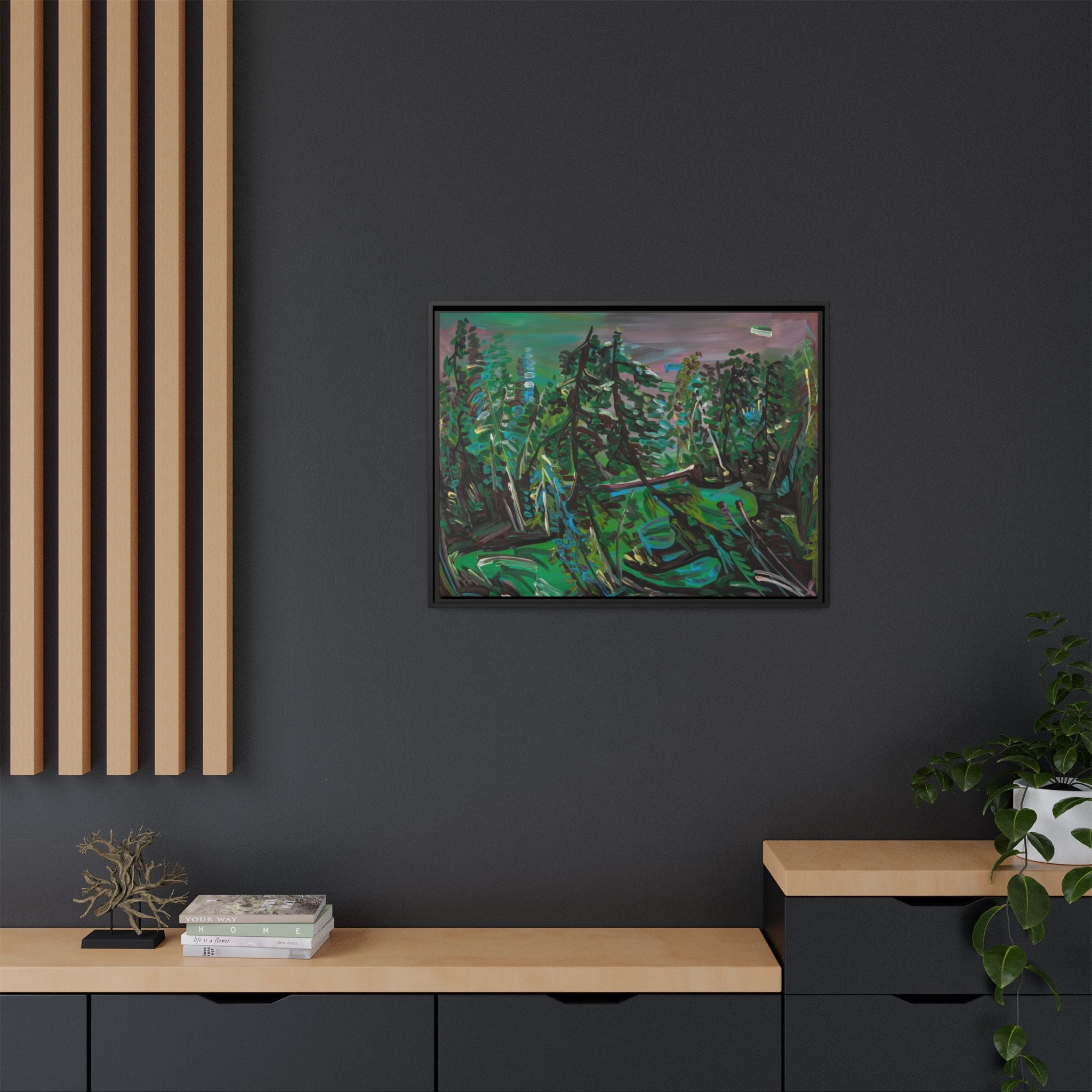 Framed Matte Canvas Print — Abstract Green Forest Landscape
