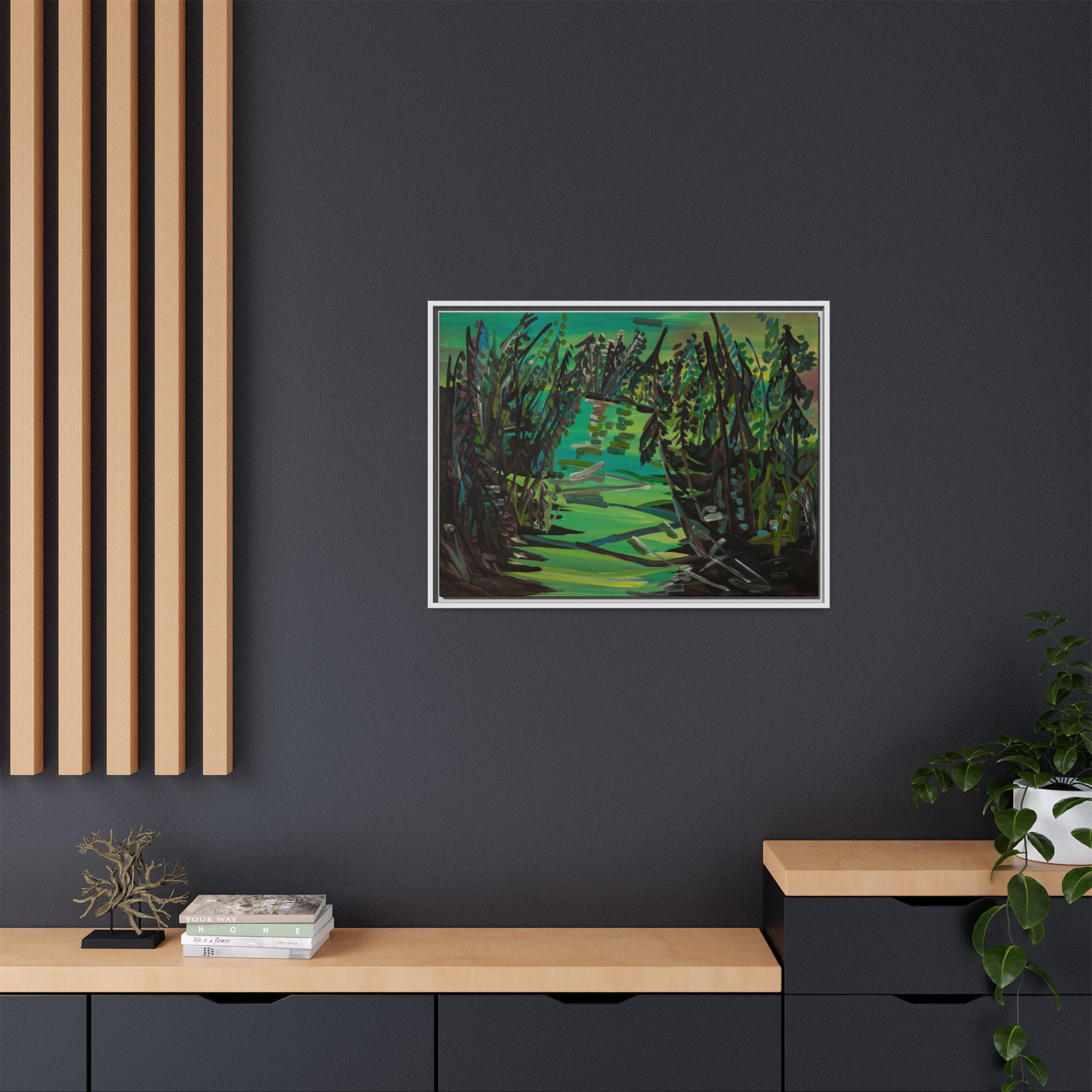 Framed Matte Canvas – Green Woodland Stream Landscape Wall Art