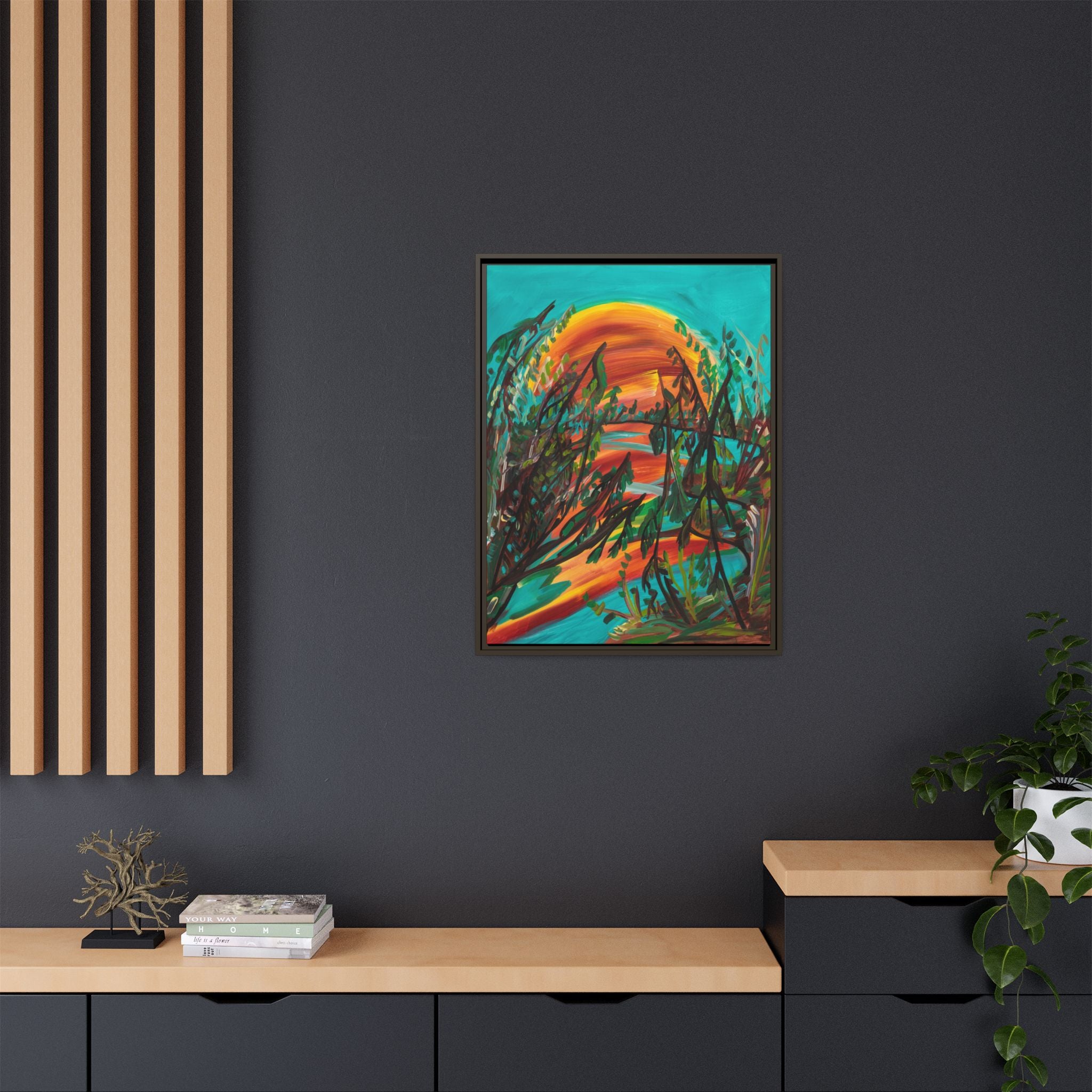 Framed Matte Canvas – Vibrant Abstract Sunset Landscape
