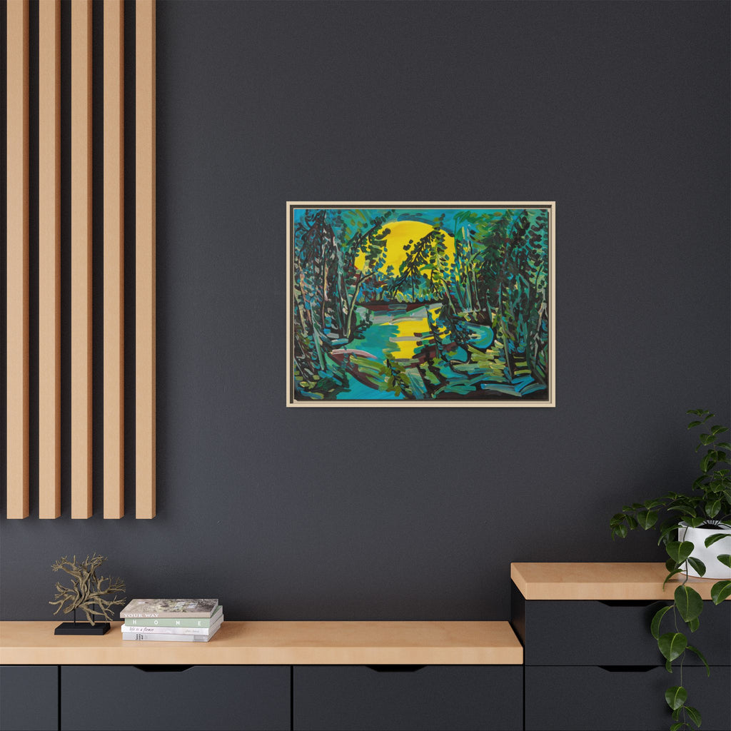 Framed Matte Canvas - Vibrant Moonlit Forest Landscape
