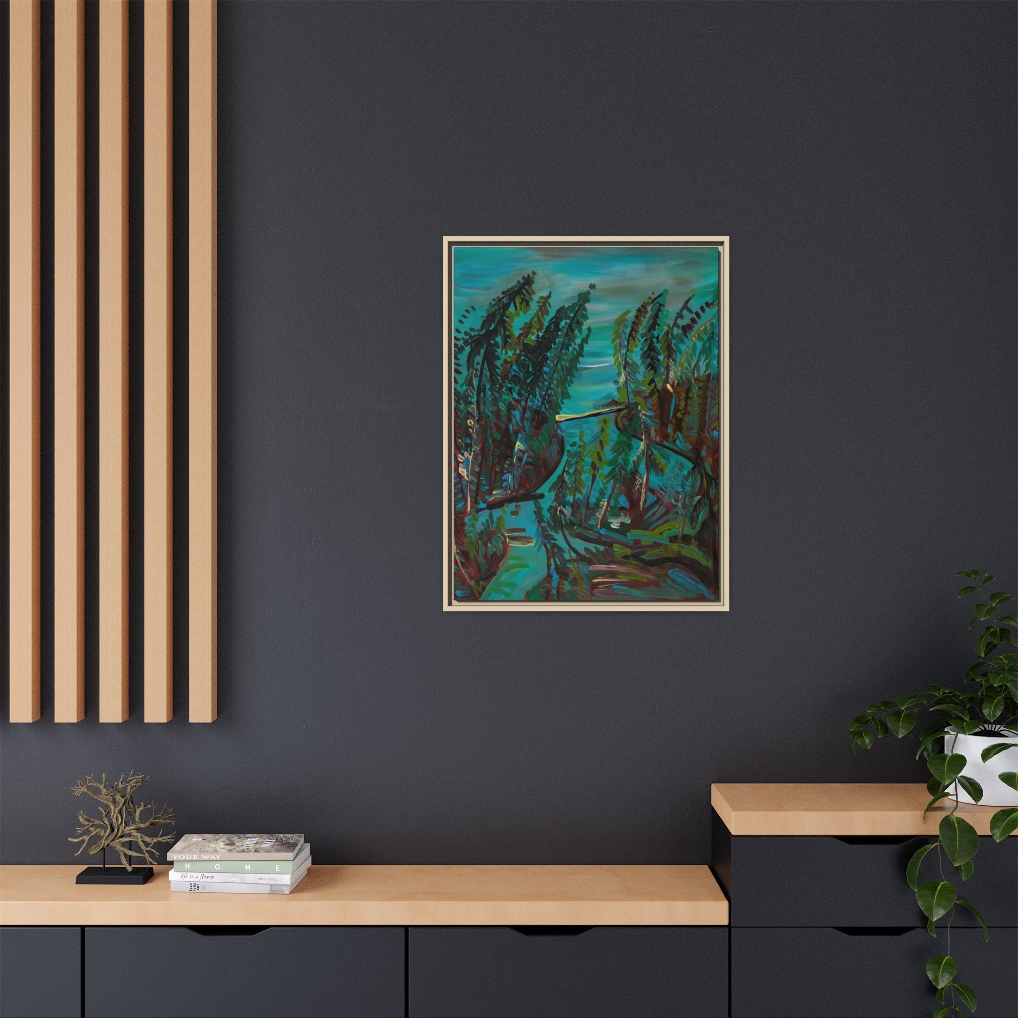 Teal Forest River — Framed Matte Canvas Wall Art