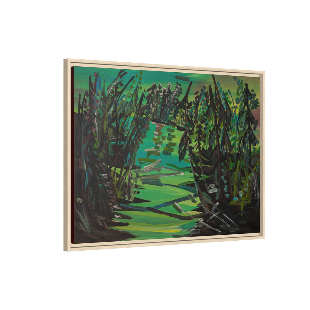 Framed Matte Canvas – Green Woodland Stream Landscape Wall Art