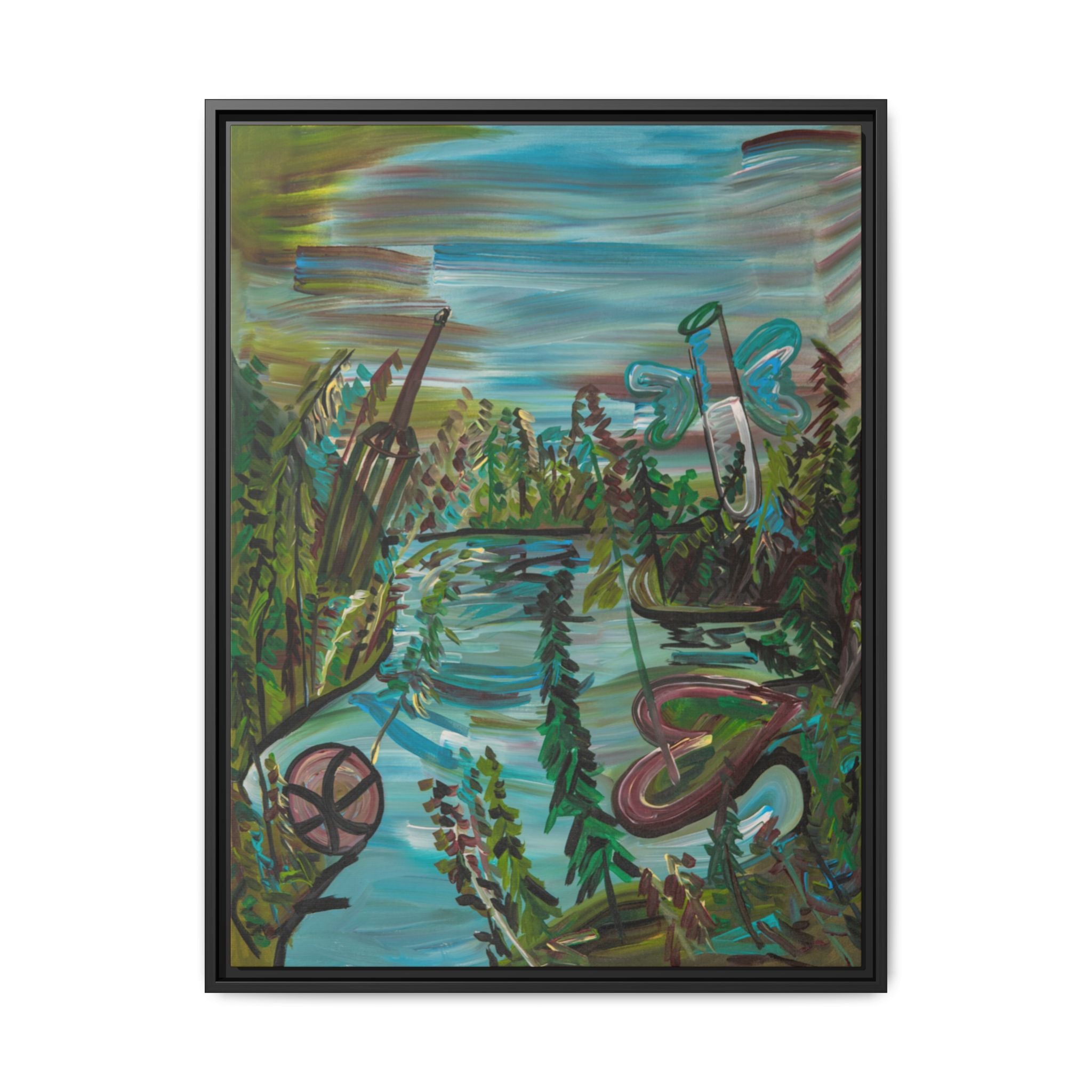 Framed Matte Canvas: Colorful Abstract River Landscape Art Print