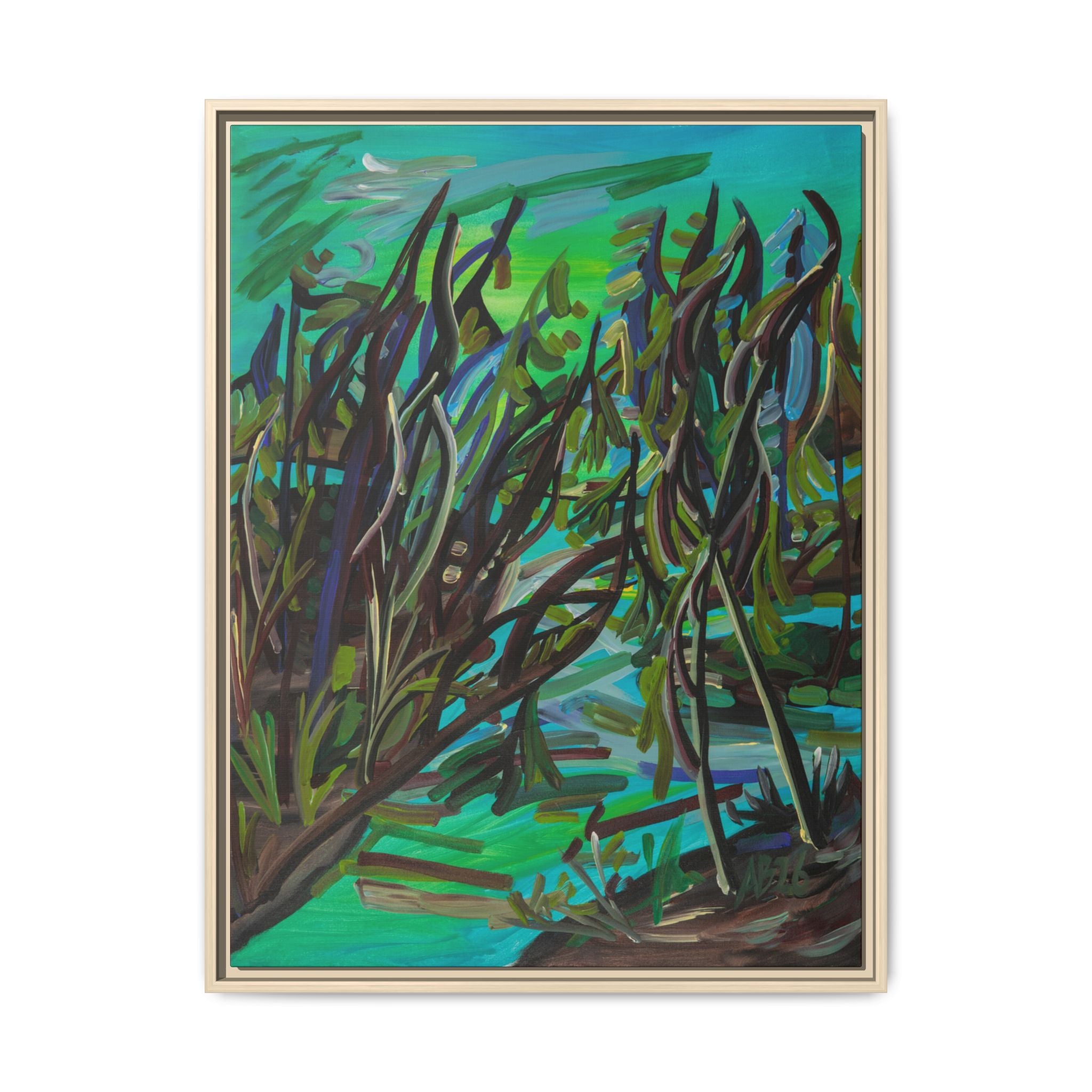 Framed Matte Canvas Art - Abstract Green Willow Landscape