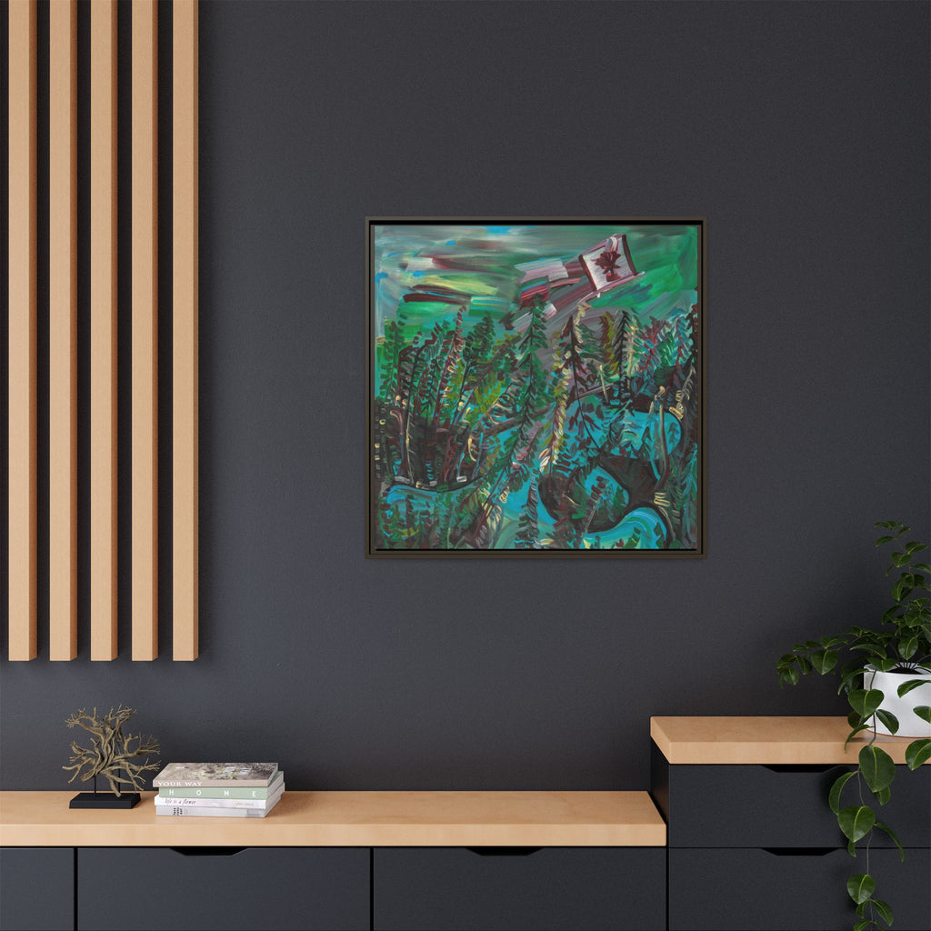 Framed Matte Canvas Print — Canadian Forest Flag Landscape