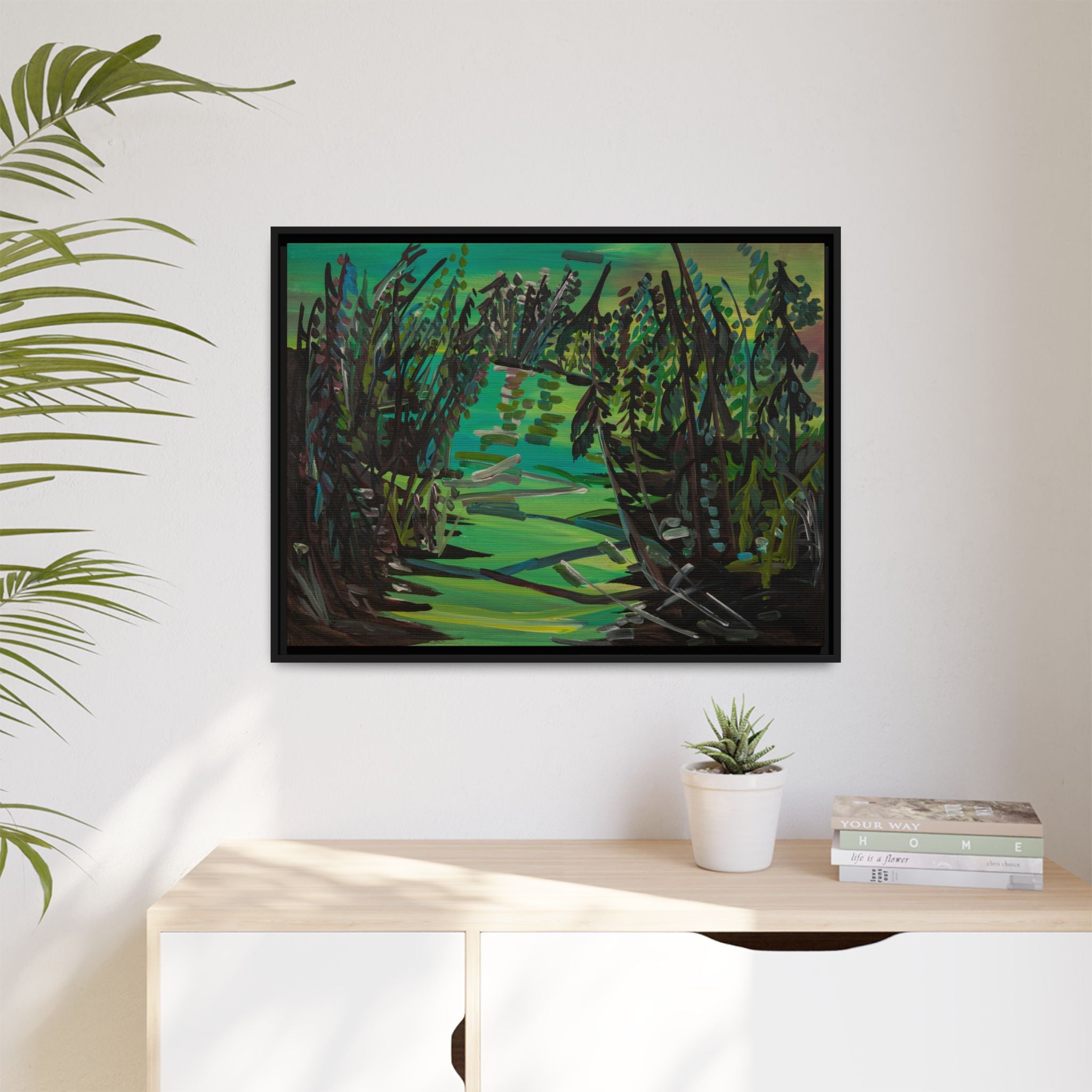 Framed Matte Canvas – Green Woodland Stream Landscape Wall Art