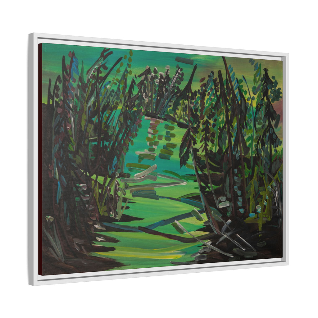 Framed Matte Canvas – Green Woodland Stream Landscape Wall Art