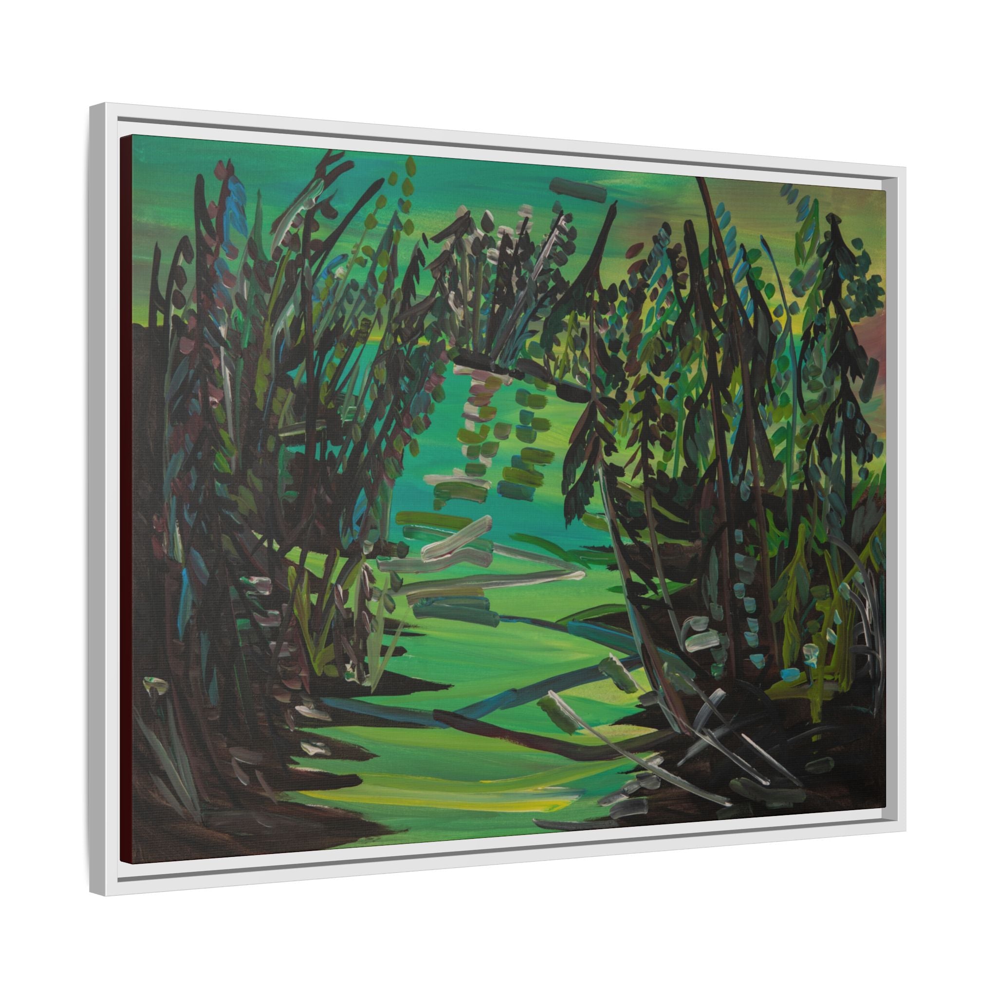 Framed Matte Canvas – Green Woodland Stream Landscape Wall Art