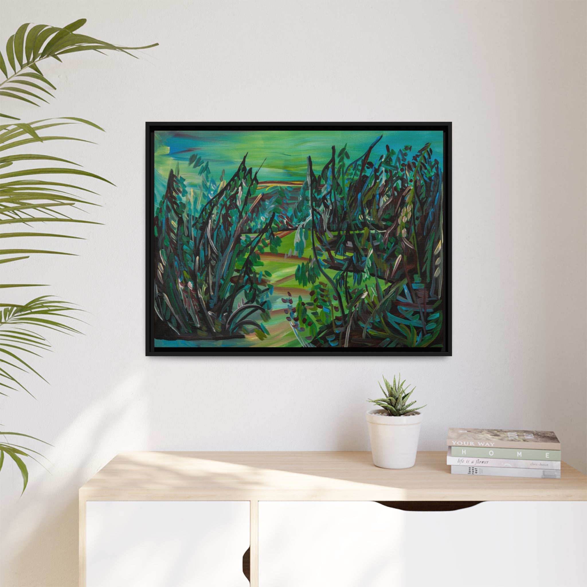 Framed Matte Canvas - Lush Green Abstract Landscape Art