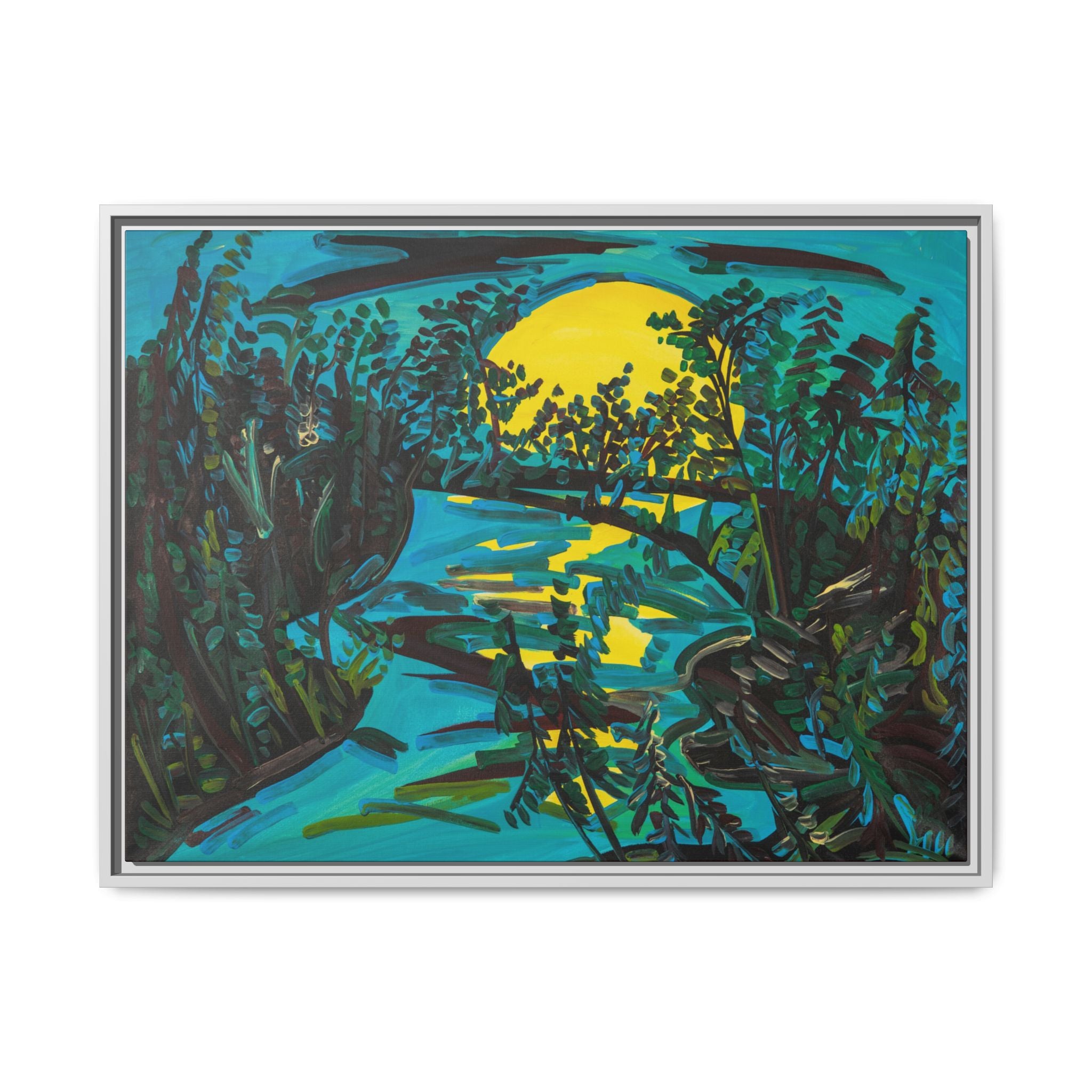 Framed Matte Canvas: Moonlit River Landscape Wall Art — Vibrant Nature Print