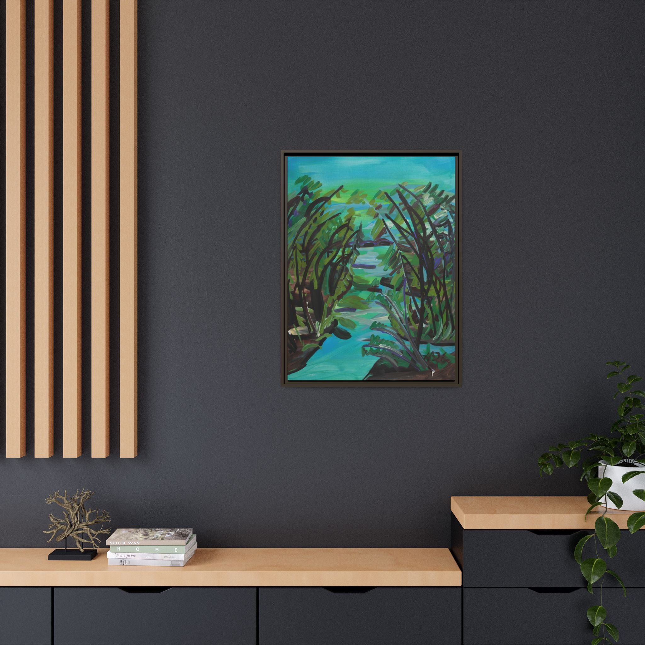 Framed Matte Canvas Print — Serene Blue-Green Wetland Landscape