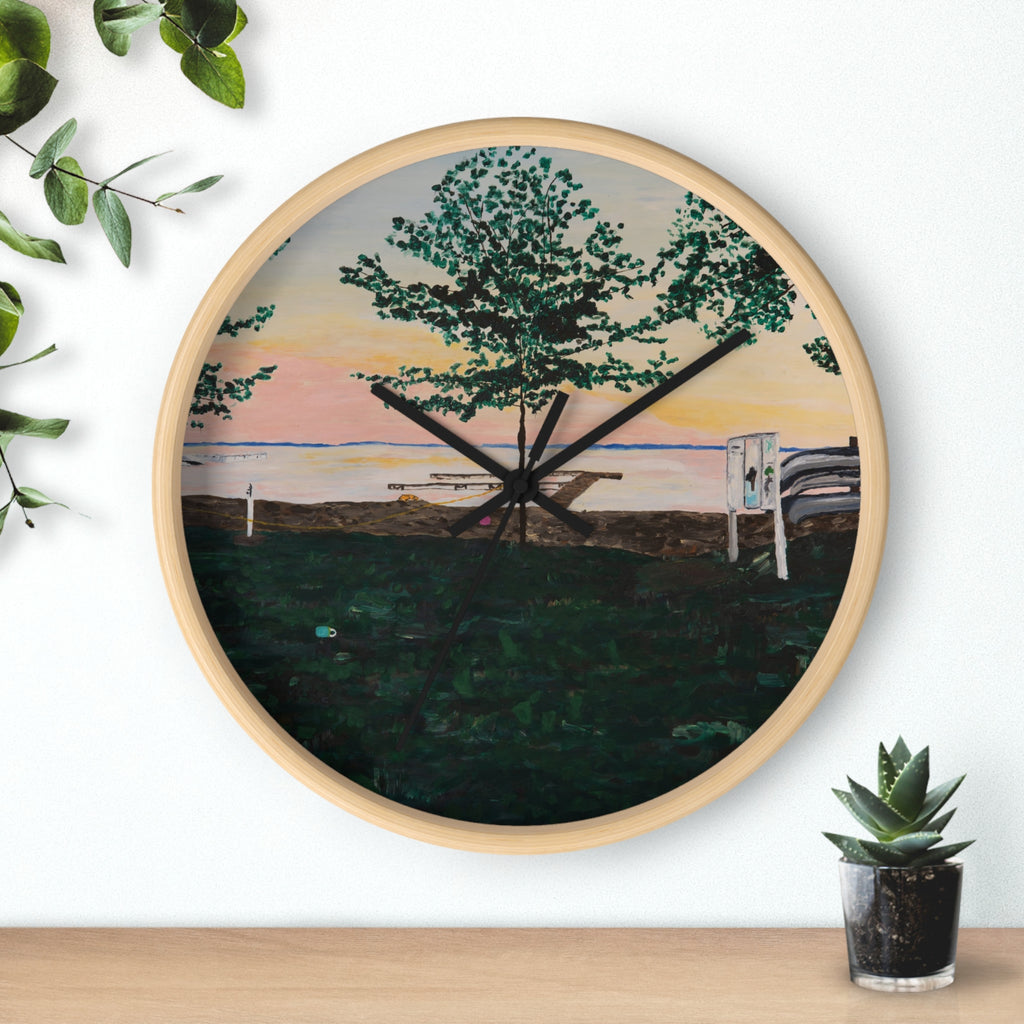 Lake Sunset Landscape Wall Clock | Beach Trees, Picnic Bench, Pastel Sky