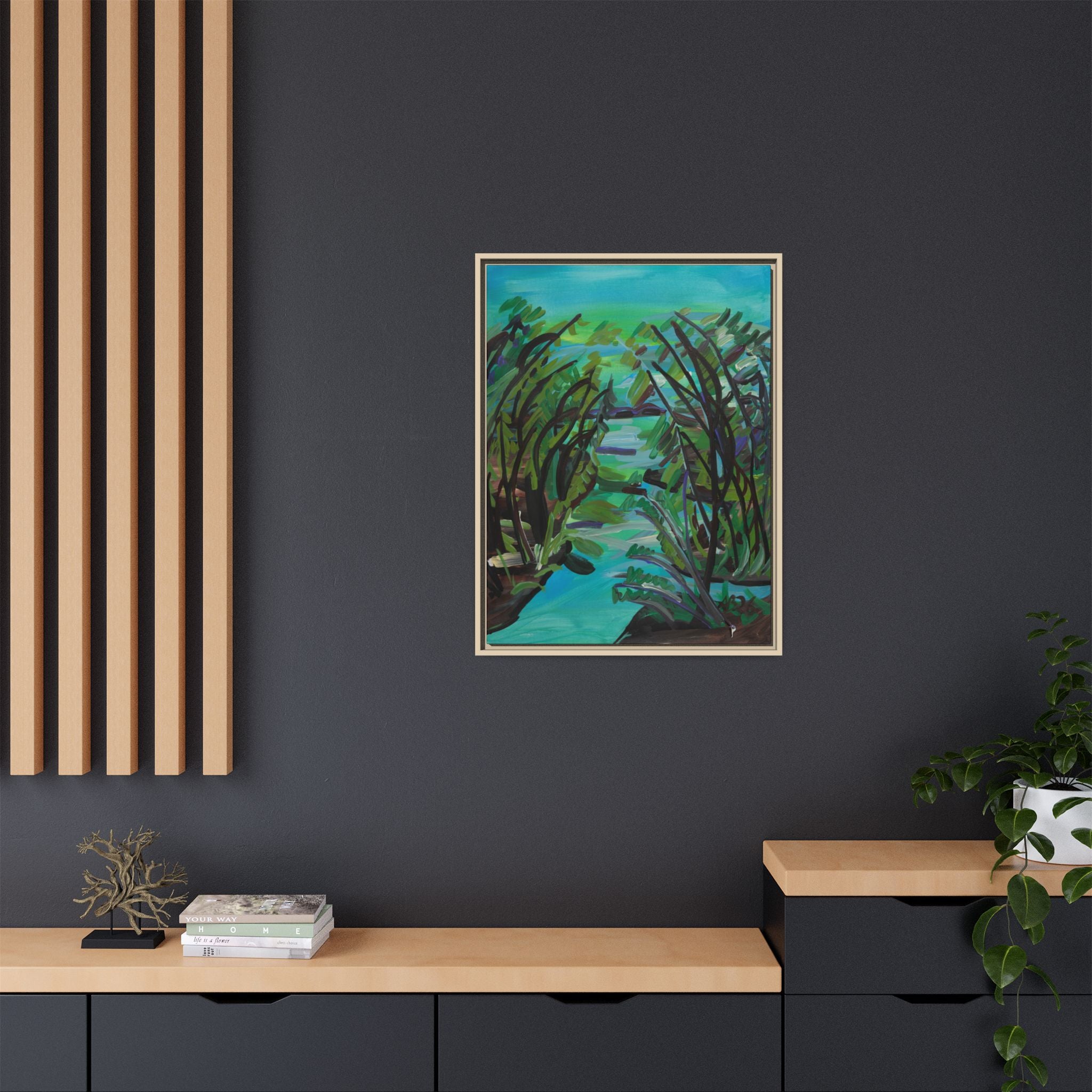 Framed Matte Canvas Print — Serene Blue-Green Wetland Landscape