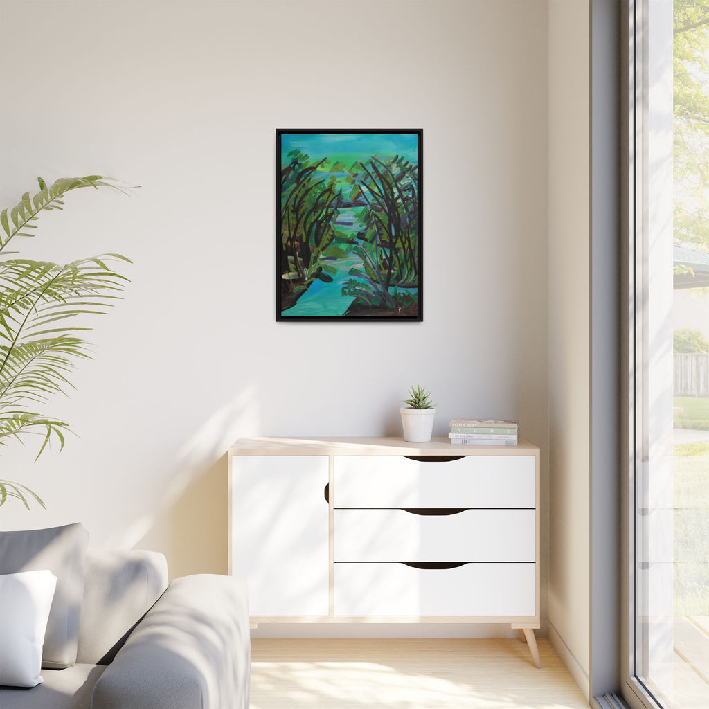 Framed Matte Canvas Print — Serene Blue-Green Wetland Landscape