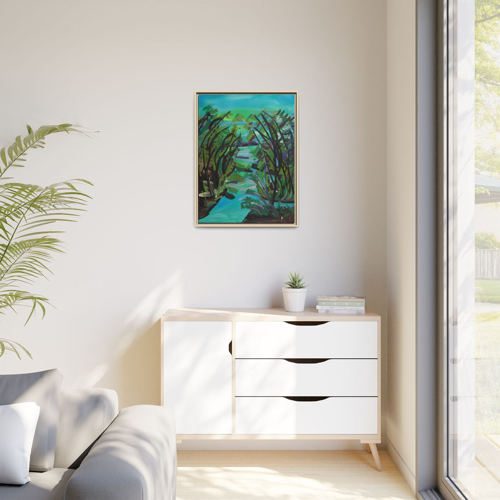 Framed Matte Canvas Print — Serene Blue-Green Wetland Landscape