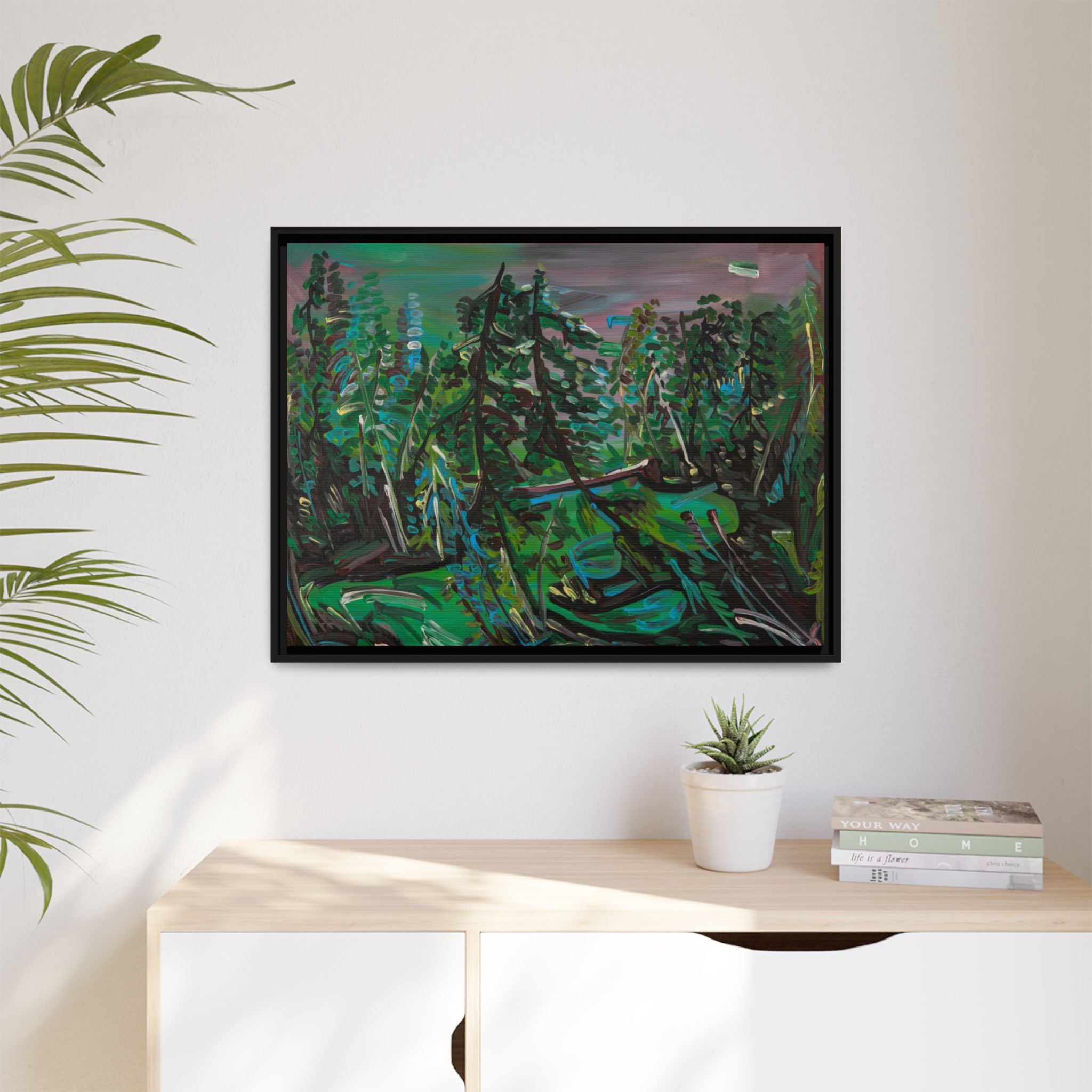 Framed Matte Canvas Print — Abstract Green Forest Landscape