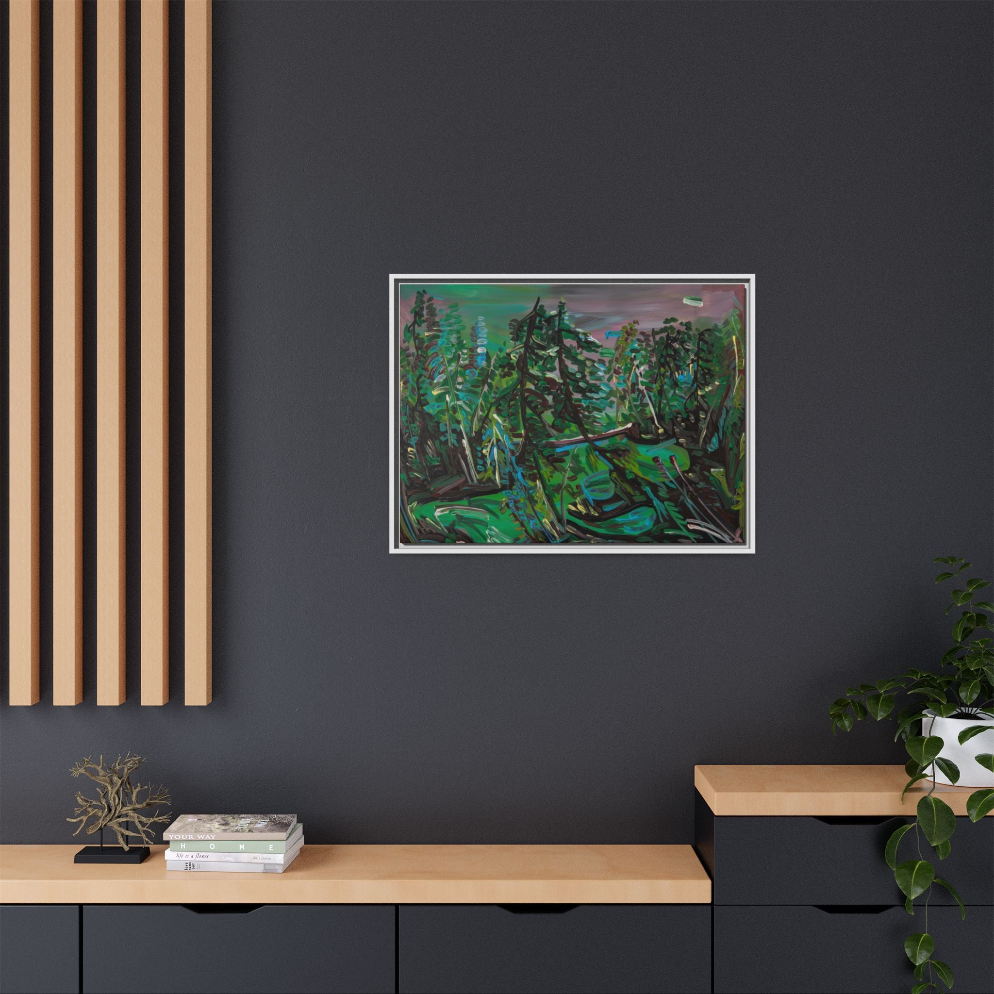 Framed Matte Canvas Print — Abstract Green Forest Landscape