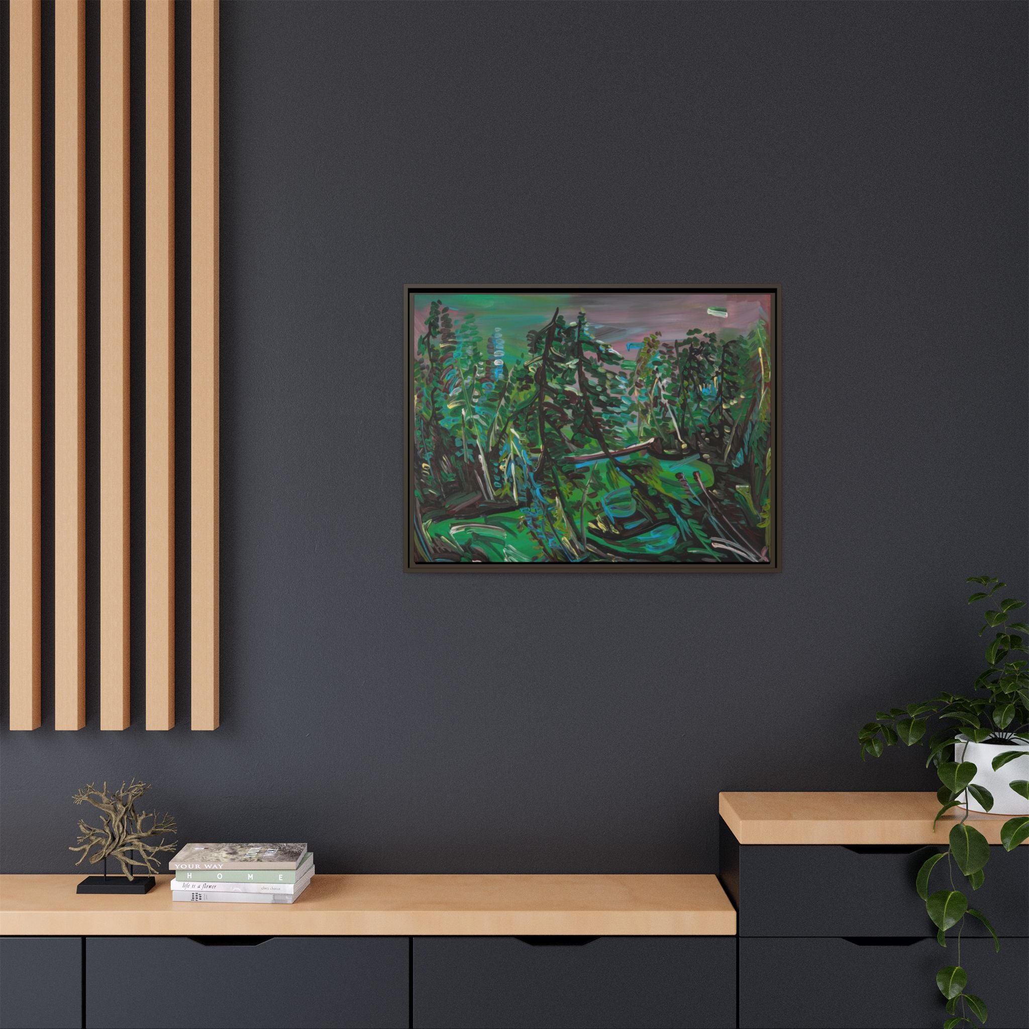 Framed Matte Canvas Print — Abstract Green Forest Landscape