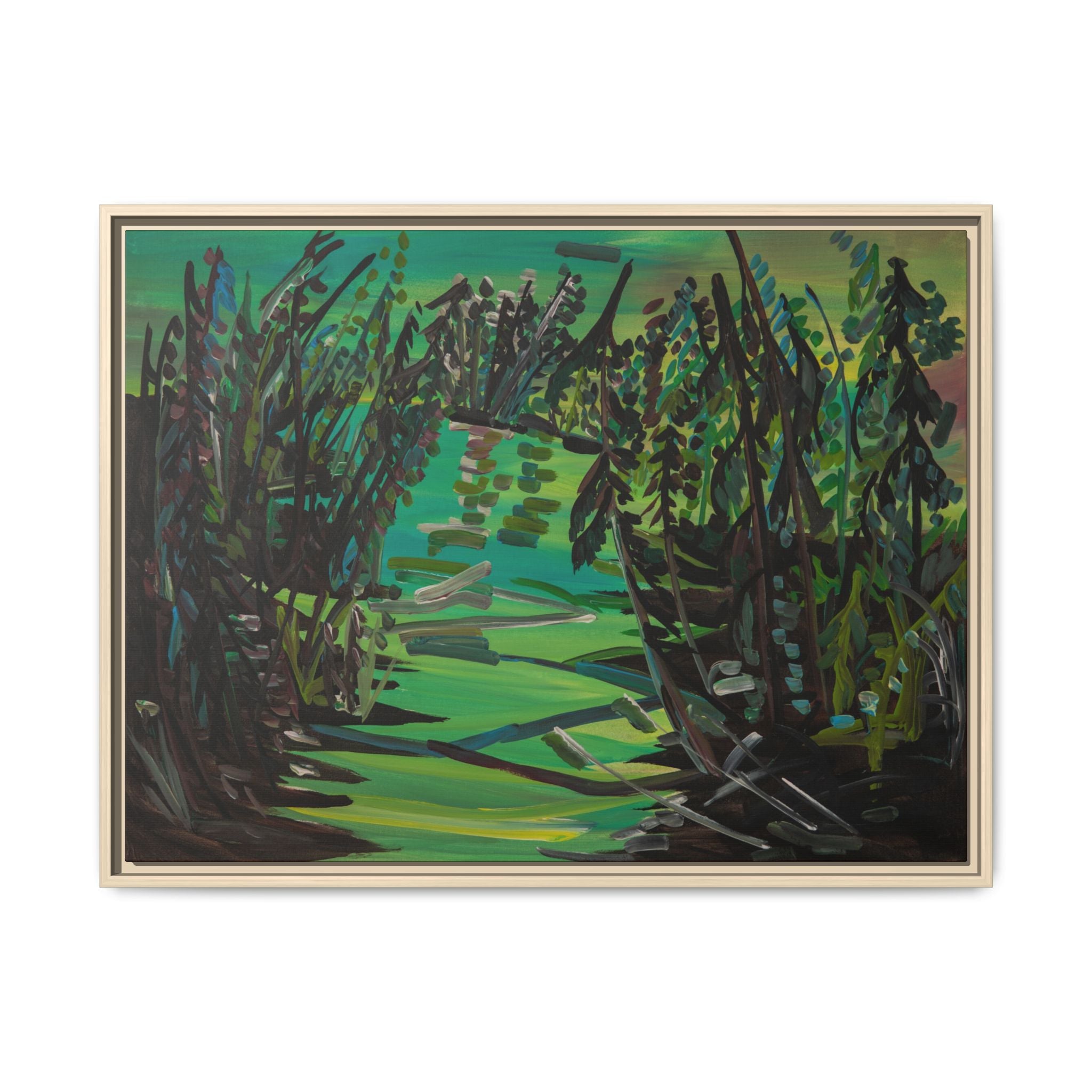 Framed Matte Canvas – Green Woodland Stream Landscape Wall Art