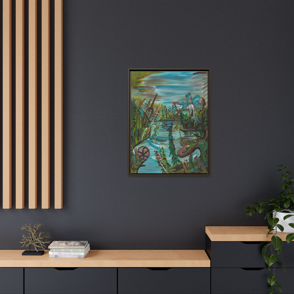 Framed Matte Canvas: Colorful Abstract River Landscape Art Print
