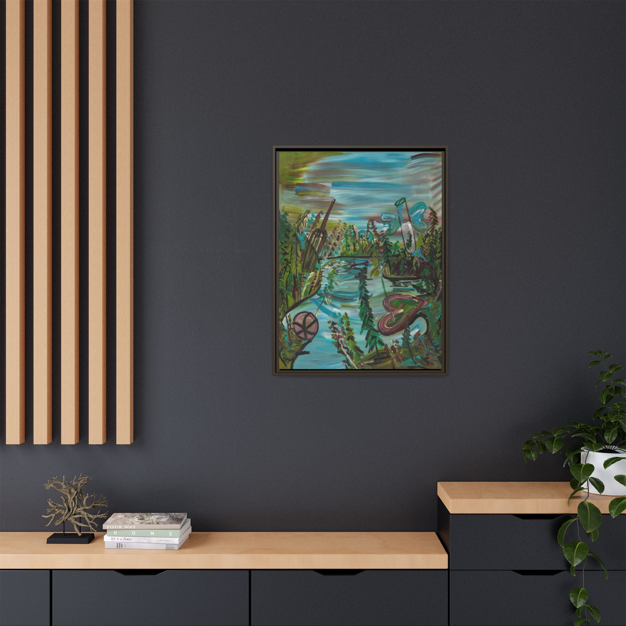 Framed Matte Canvas: Colorful Abstract River Landscape Art Print