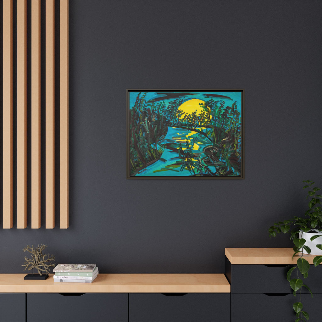 Framed Matte Canvas: Moonlit River Landscape Wall Art — Vibrant Nature Print