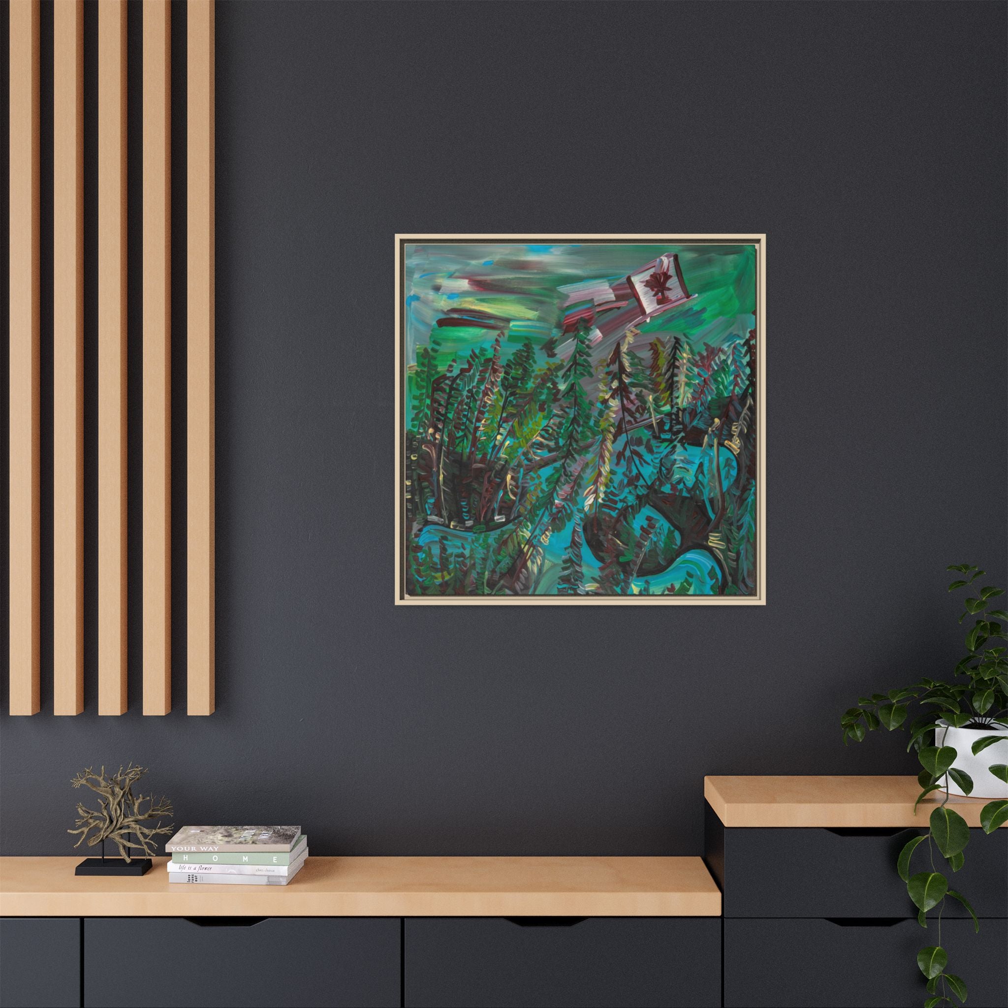 Framed Matte Canvas Print — Canadian Forest Flag Landscape