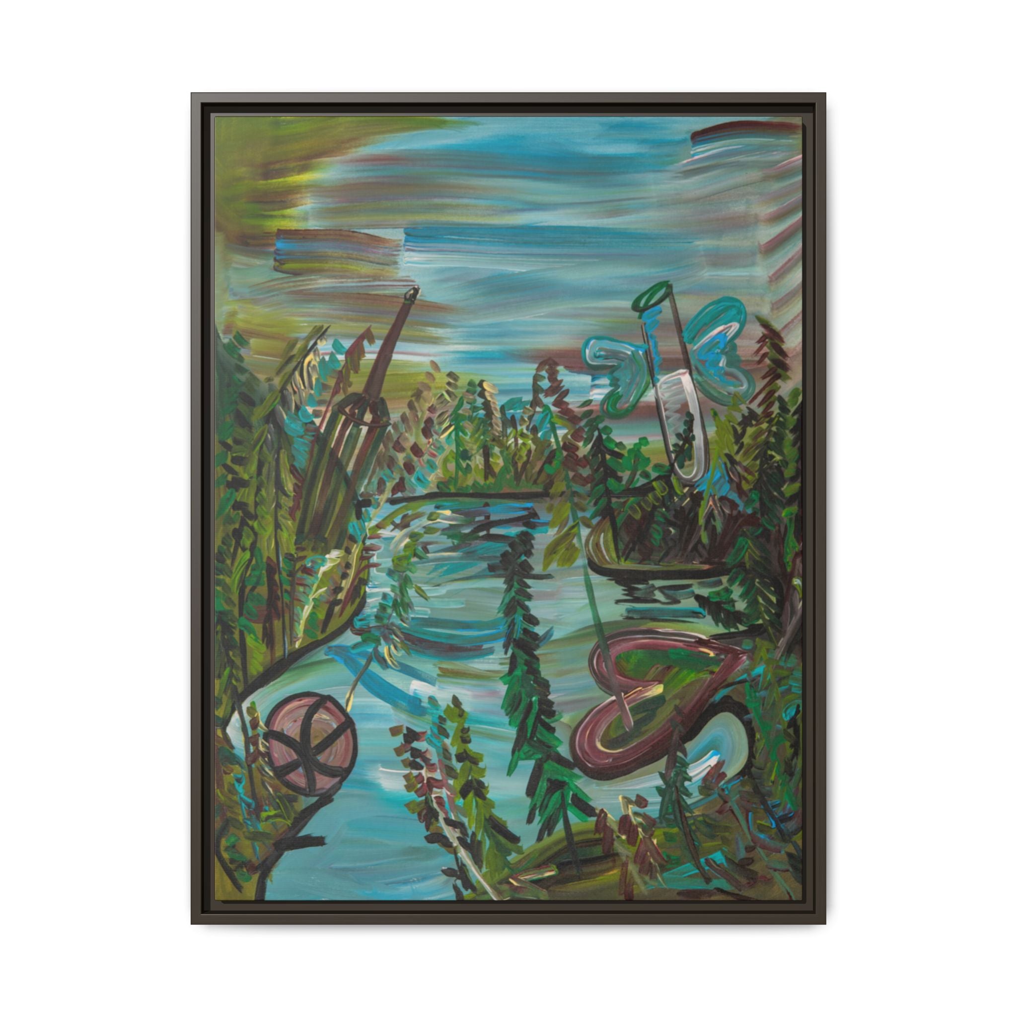 Framed Matte Canvas: Colorful Abstract River Landscape Art Print