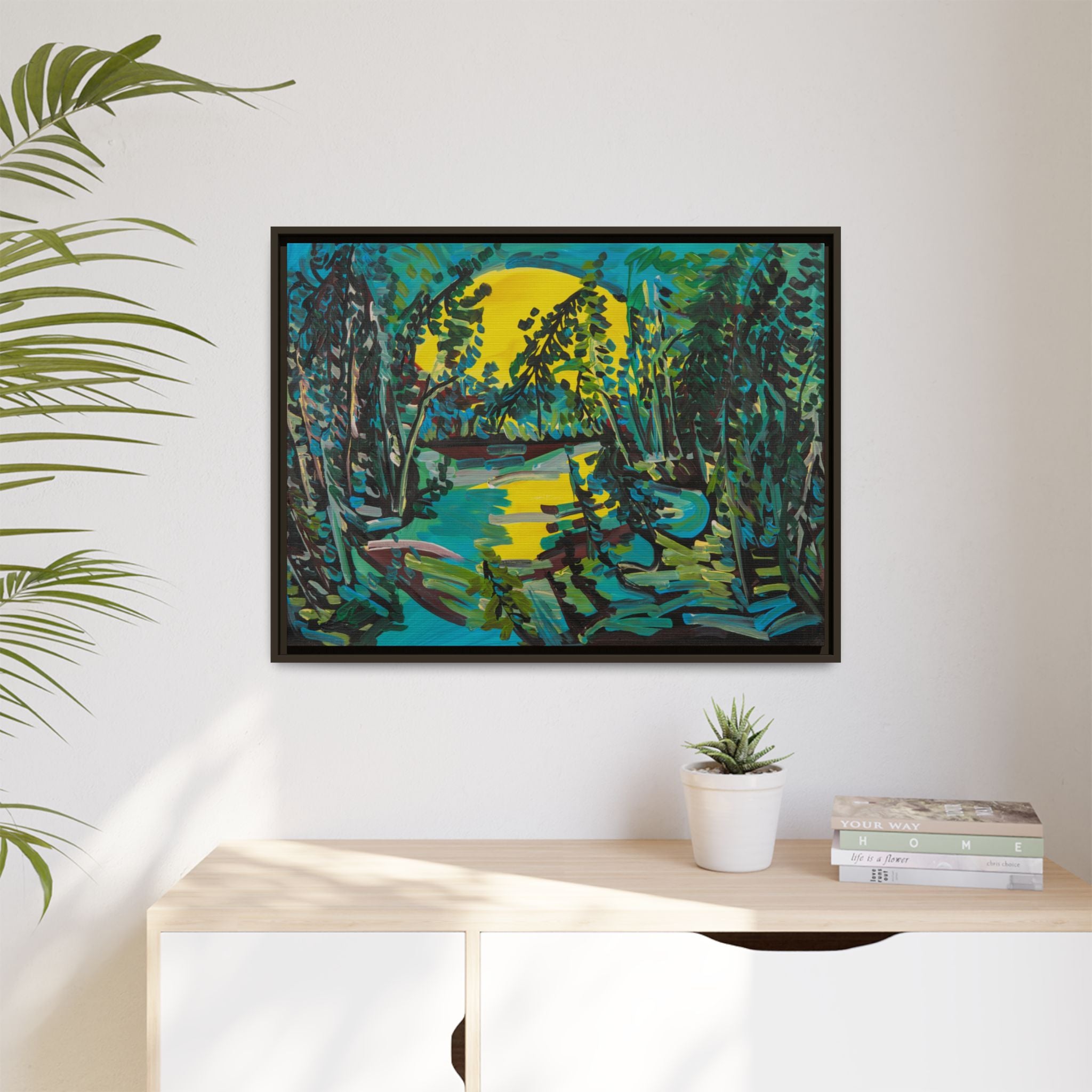 Framed Matte Canvas - Vibrant Moonlit Forest Landscape