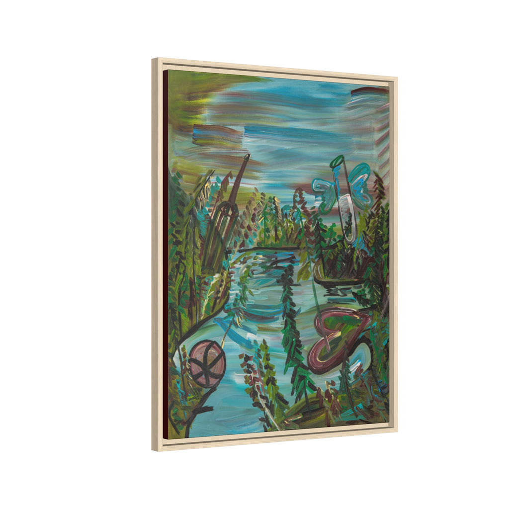 Framed Matte Canvas: Colorful Abstract River Landscape Art Print