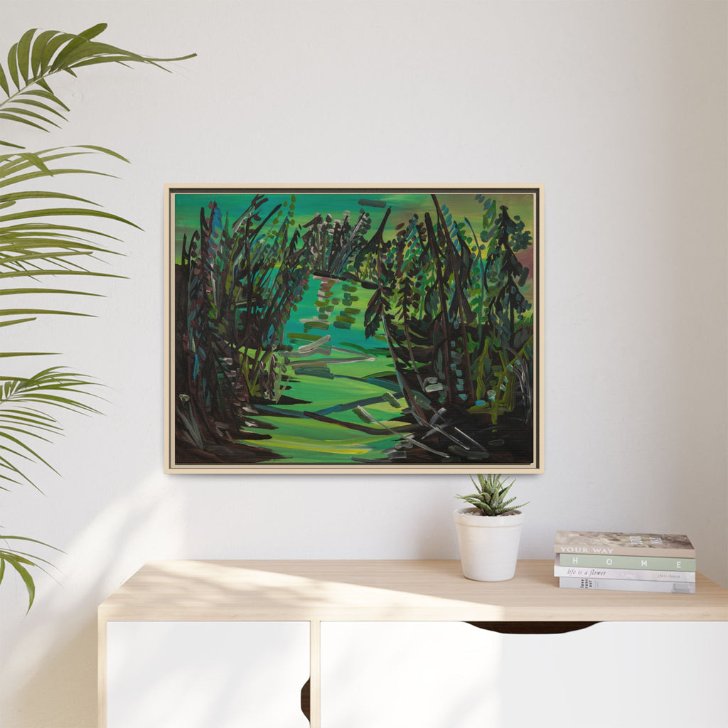 Framed Matte Canvas – Green Woodland Stream Landscape Wall Art