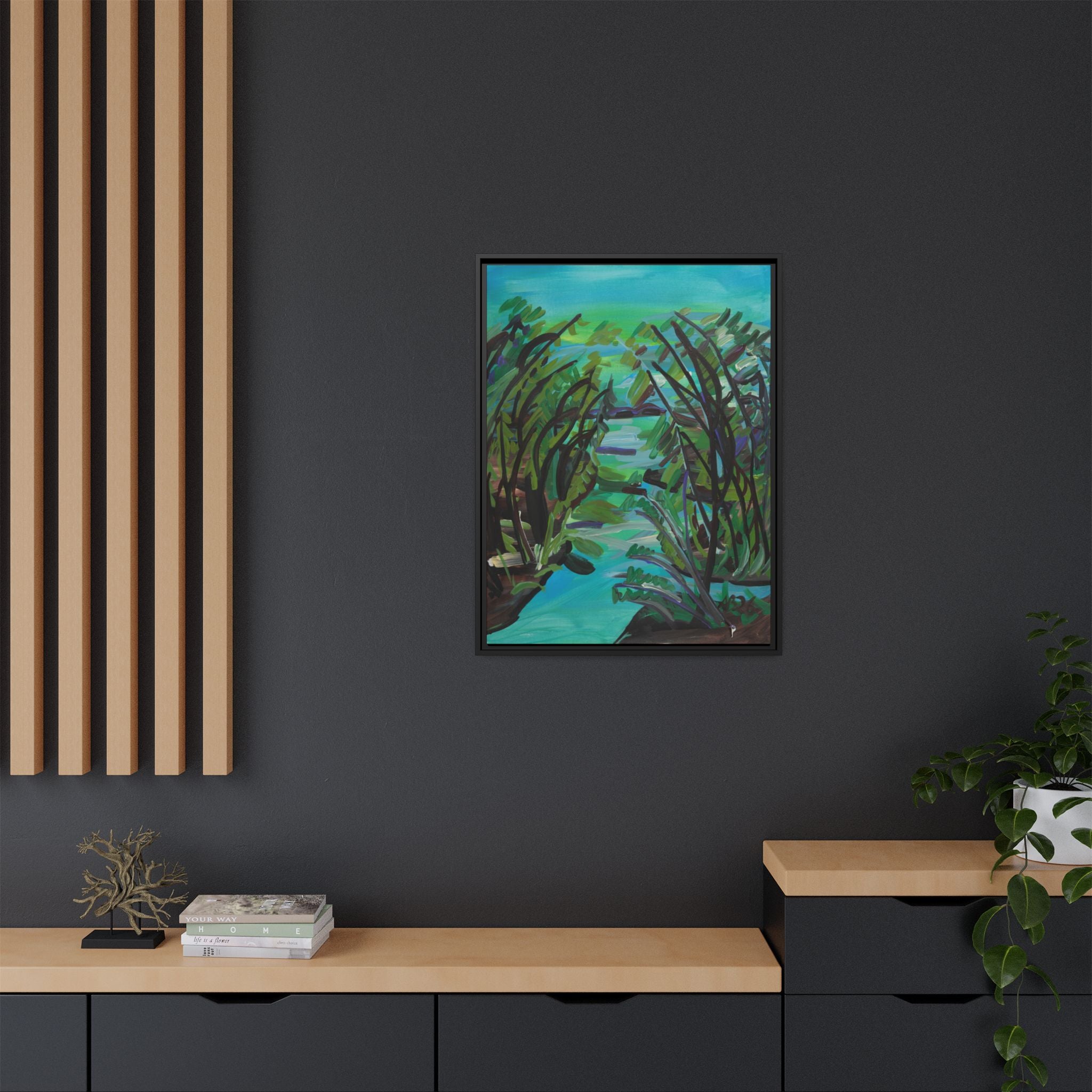 Framed Matte Canvas Print — Serene Blue-Green Wetland Landscape