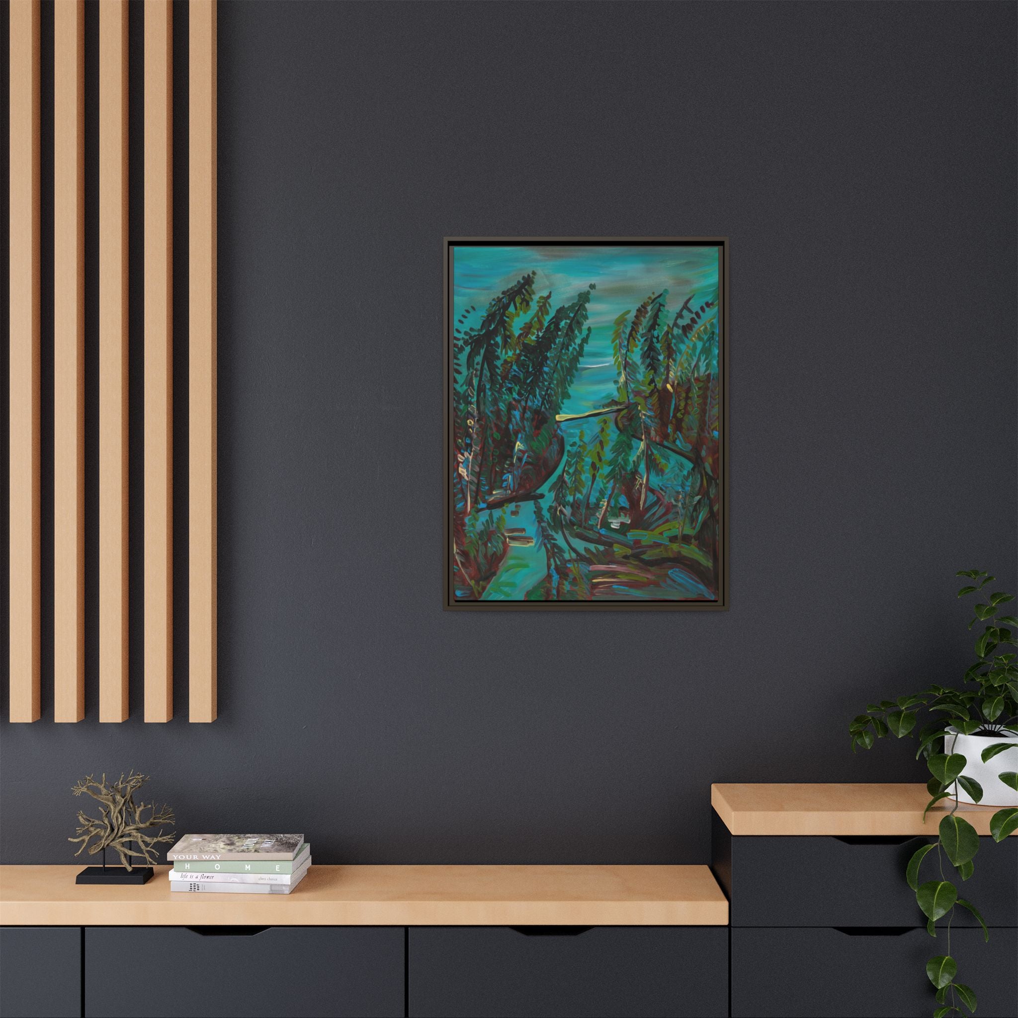 Teal Forest River — Framed Matte Canvas Wall Art