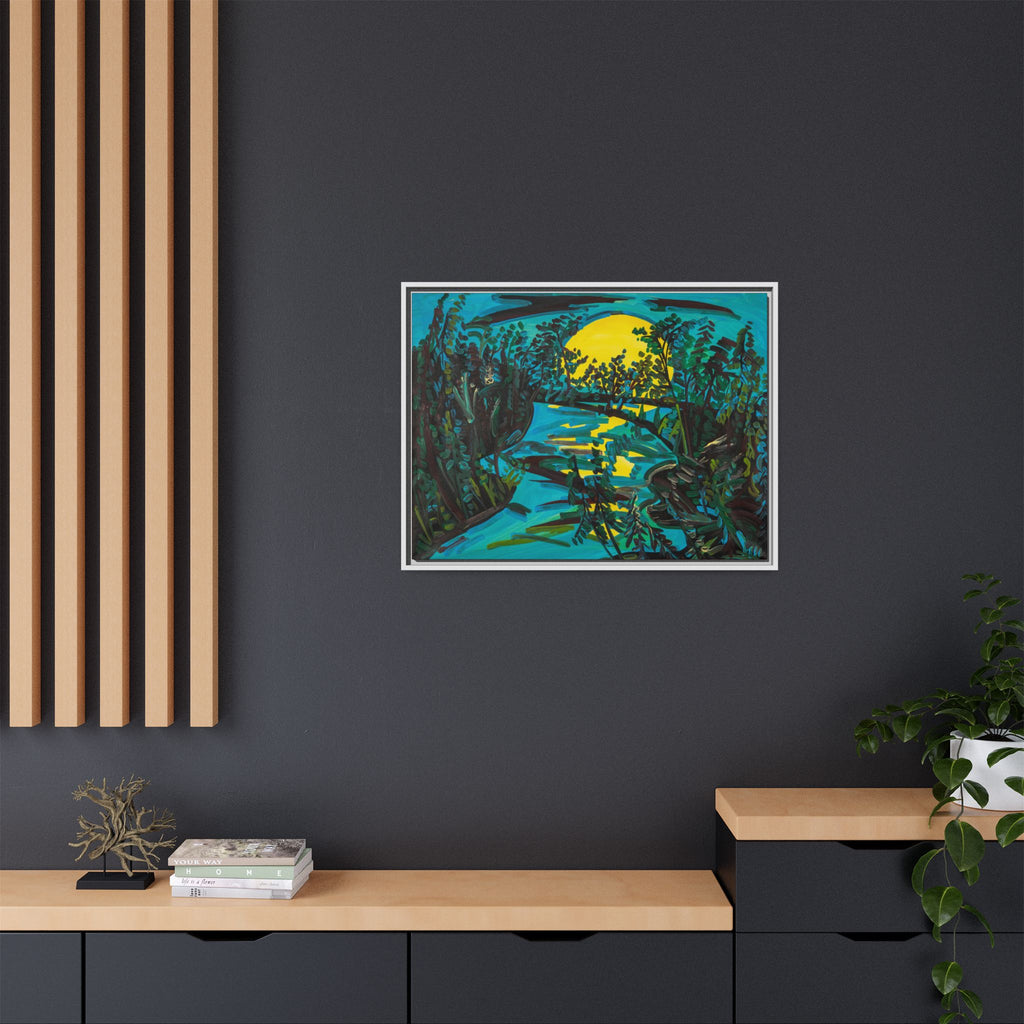 Framed Matte Canvas: Moonlit River Landscape Wall Art — Vibrant Nature Print