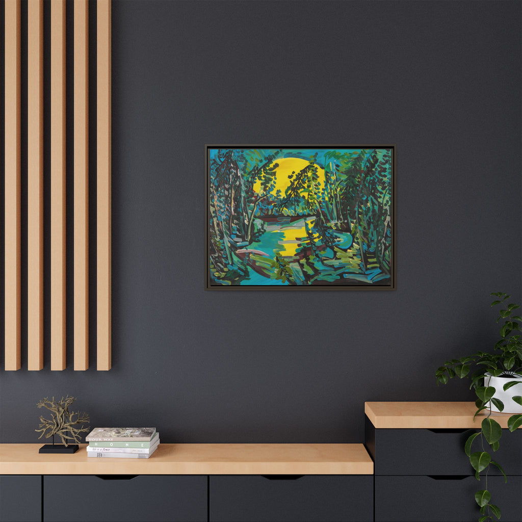 Framed Matte Canvas - Vibrant Moonlit Forest Landscape