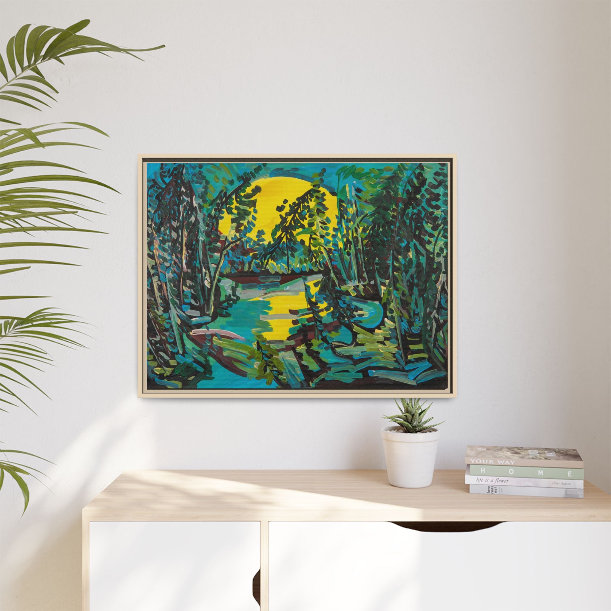 Framed Matte Canvas - Vibrant Moonlit Forest Landscape