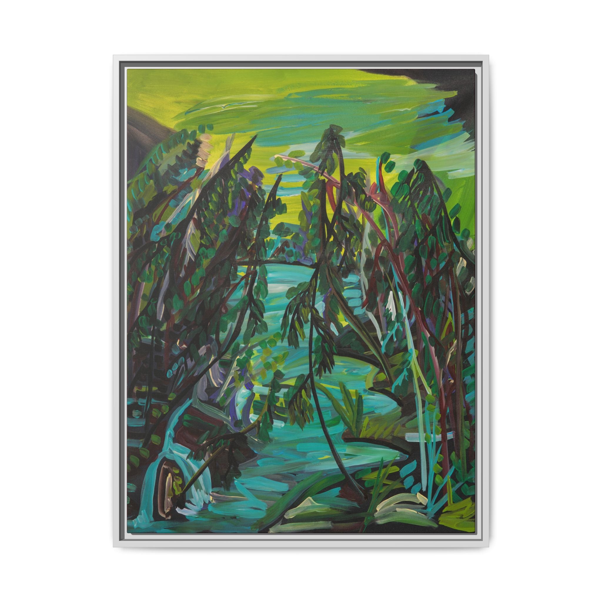 Abstract Green Forest Matte Framed Canvas — Lush Landscape Wall Art
