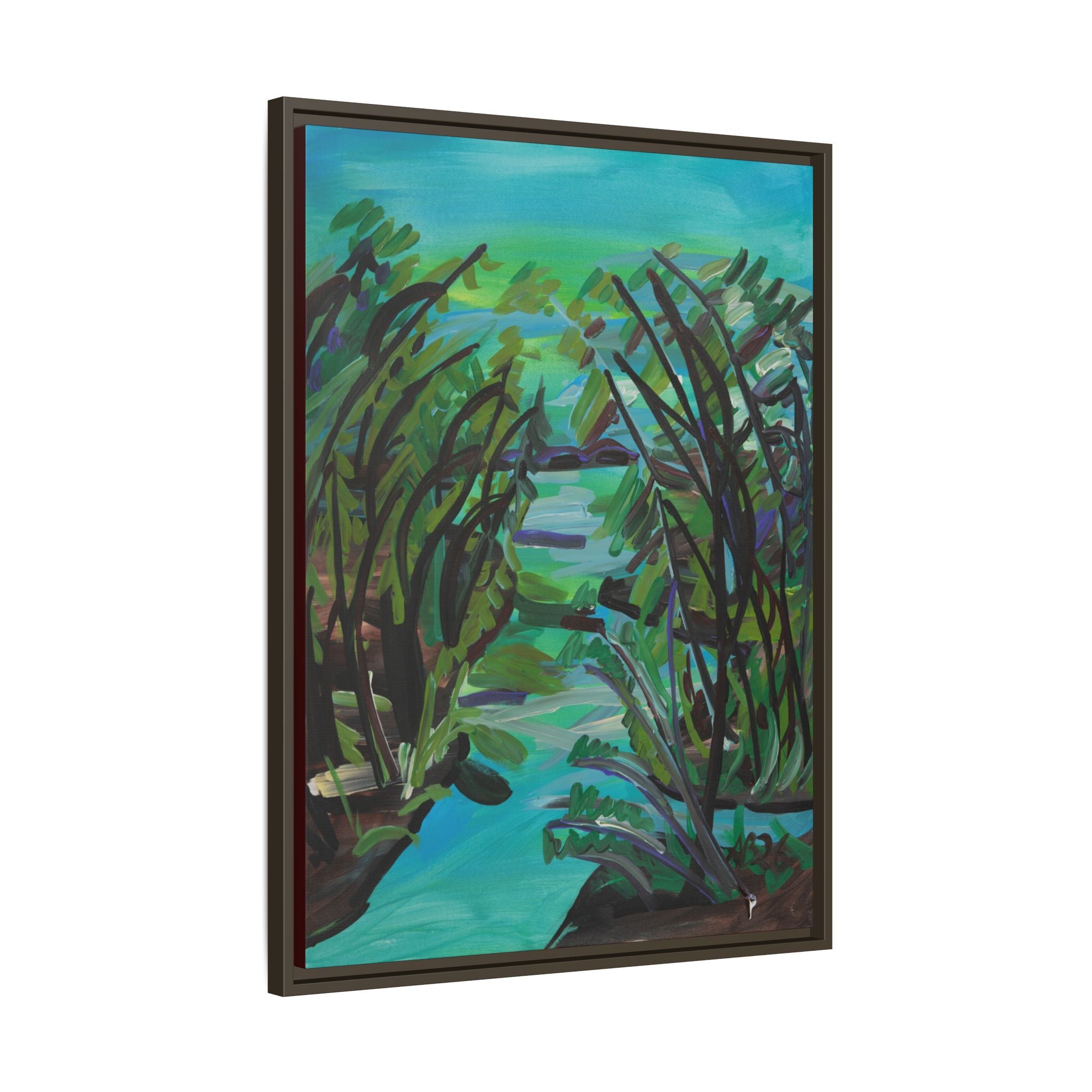 Framed Matte Canvas Print — Serene Blue-Green Wetland Landscape