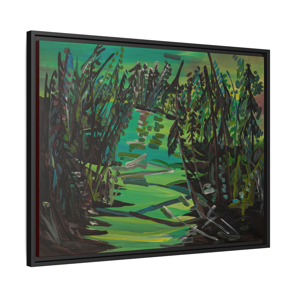Framed Matte Canvas – Green Woodland Stream Landscape Wall Art