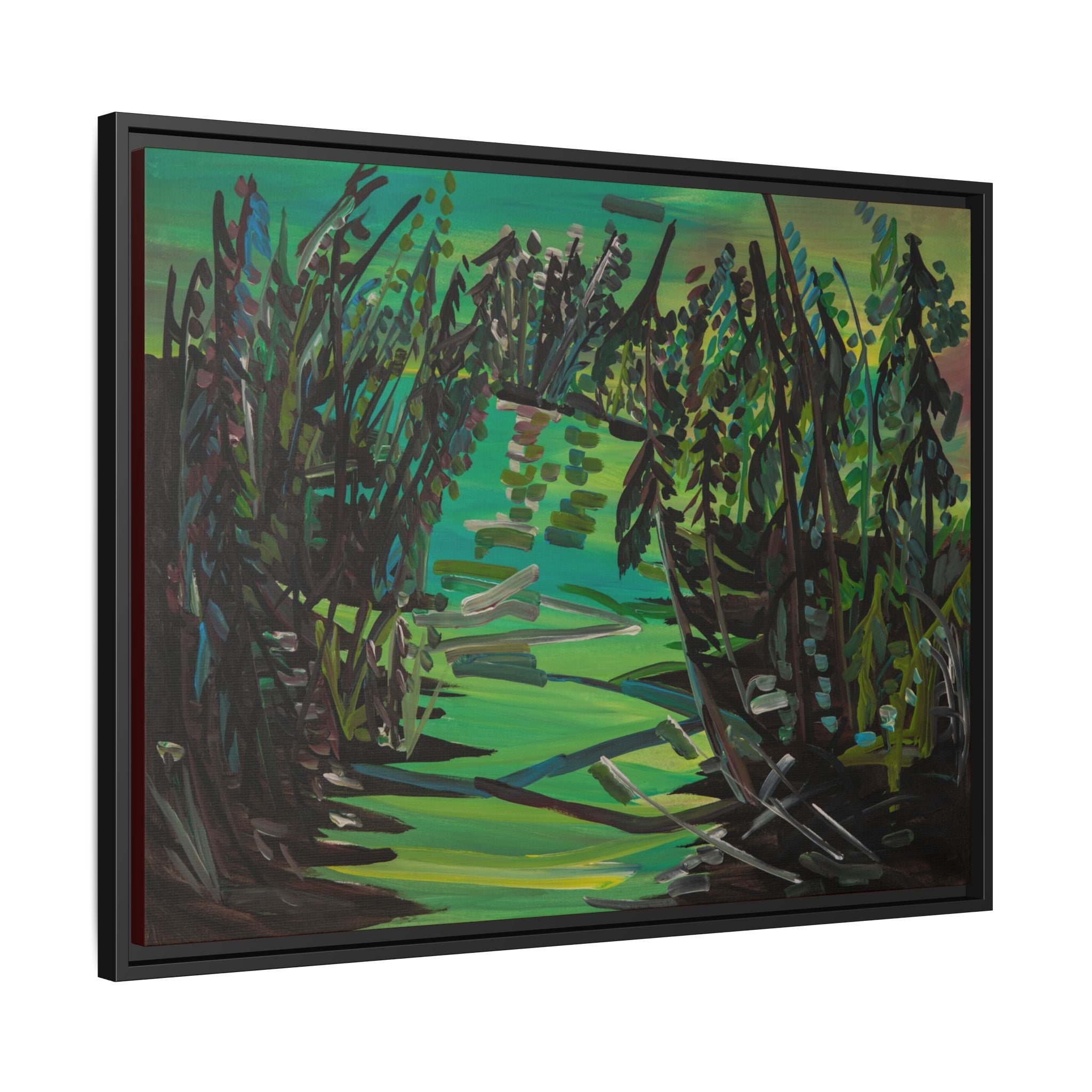 Framed Matte Canvas – Green Woodland Stream Landscape Wall Art