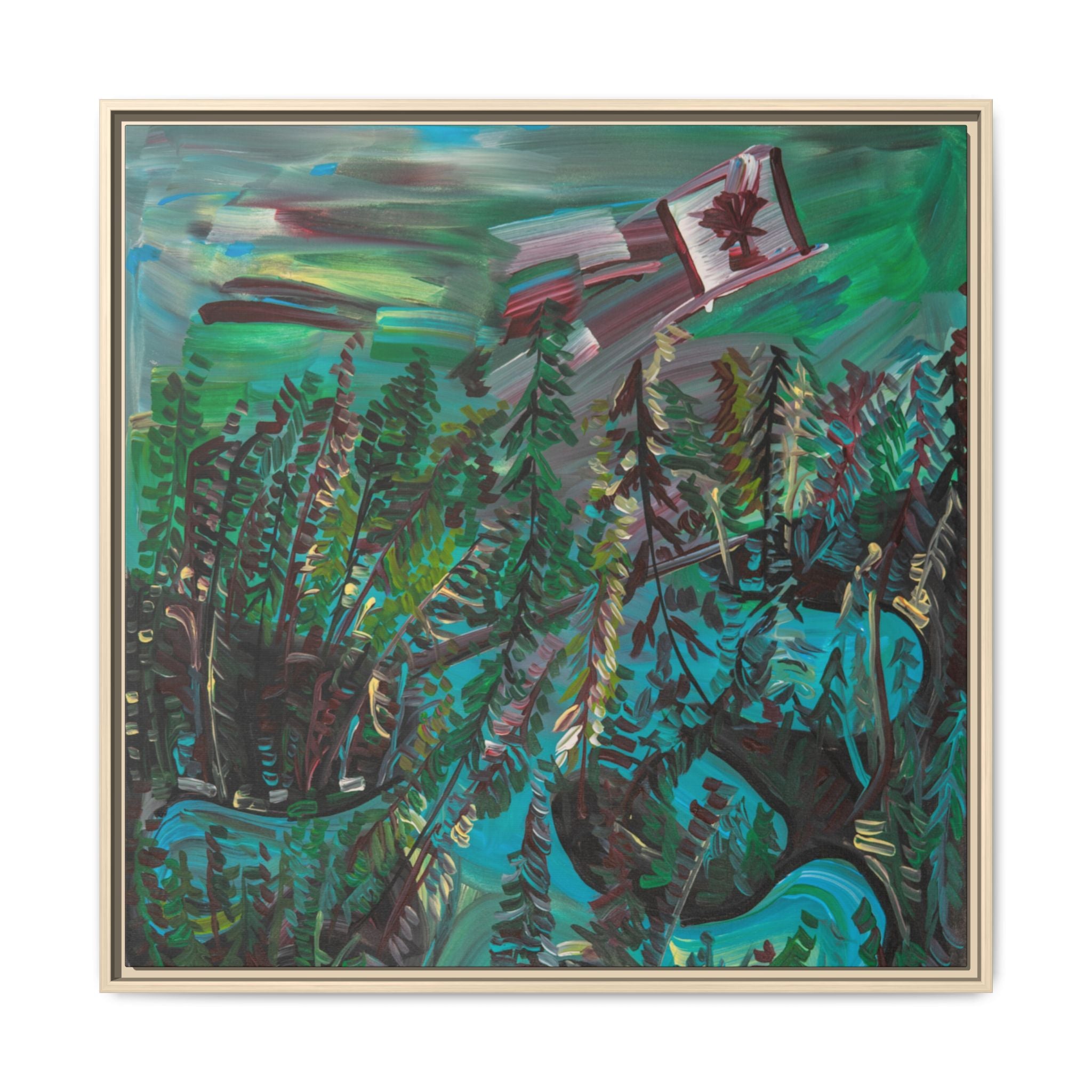 Framed Matte Canvas Print — Canadian Forest Flag Landscape